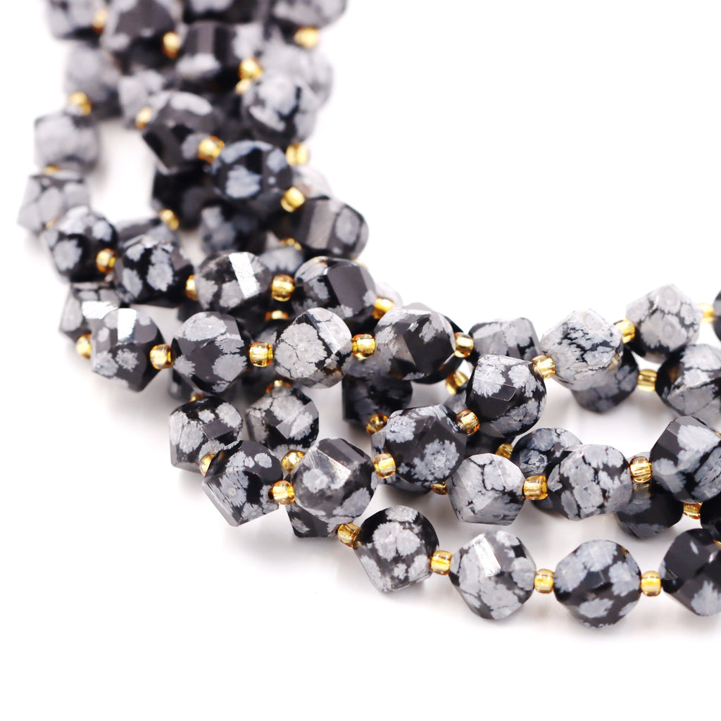 Malahill faceted S shape stone beads for jewelry making, sold per bag 5 strands inside, Snowflake Obsidian beads