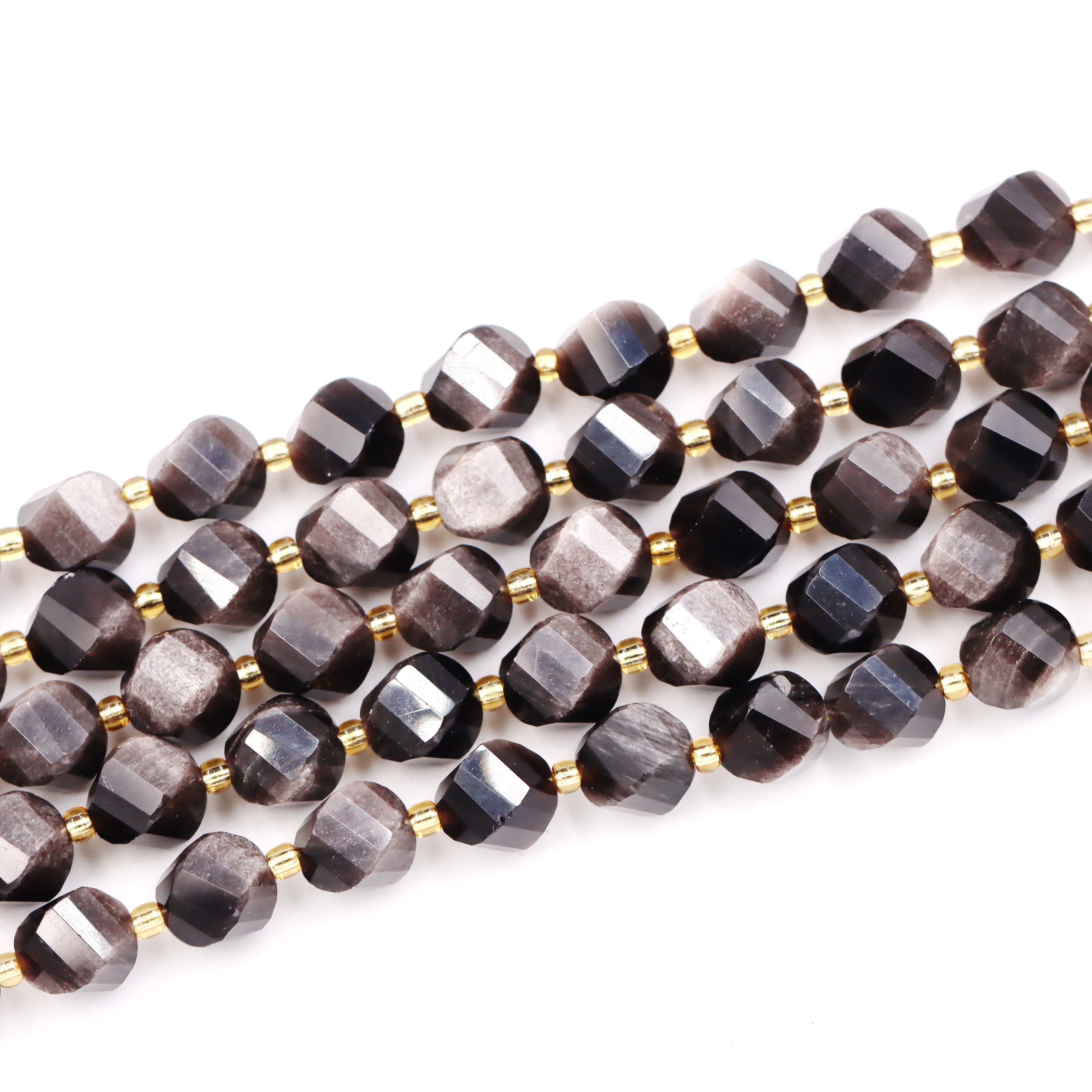 Malahill faceted S shape stone beads for jewelry making, sold per bag 5 strands inside, Silver Obsidian beads