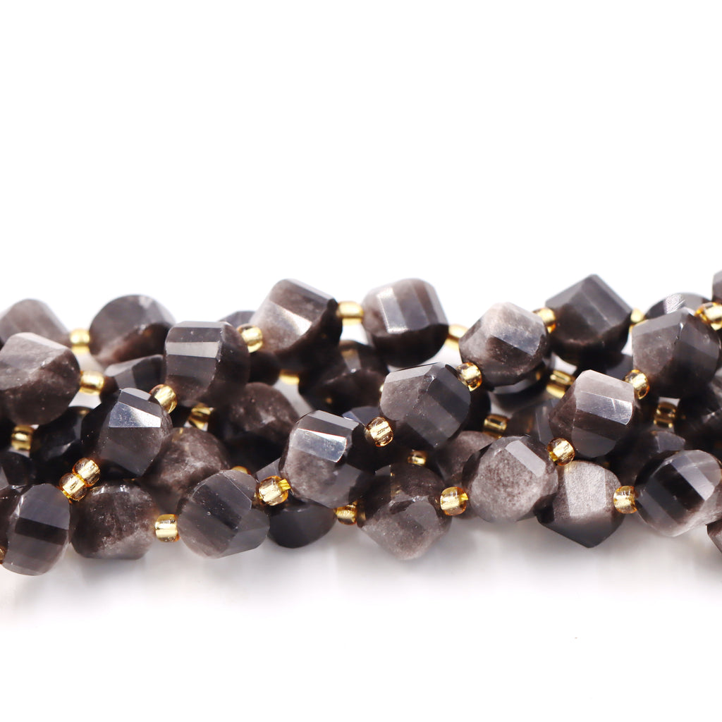 Malahill faceted S shape stone beads for jewelry making, sold per bag 5 strands inside, Silver Obsidian beads
