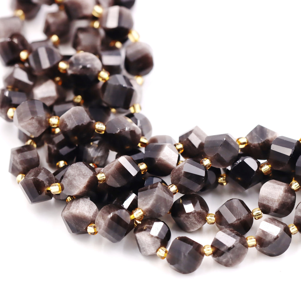 Malahill faceted S shape stone beads for jewelry making, sold per bag 5 strands inside, Silver Obsidian beads