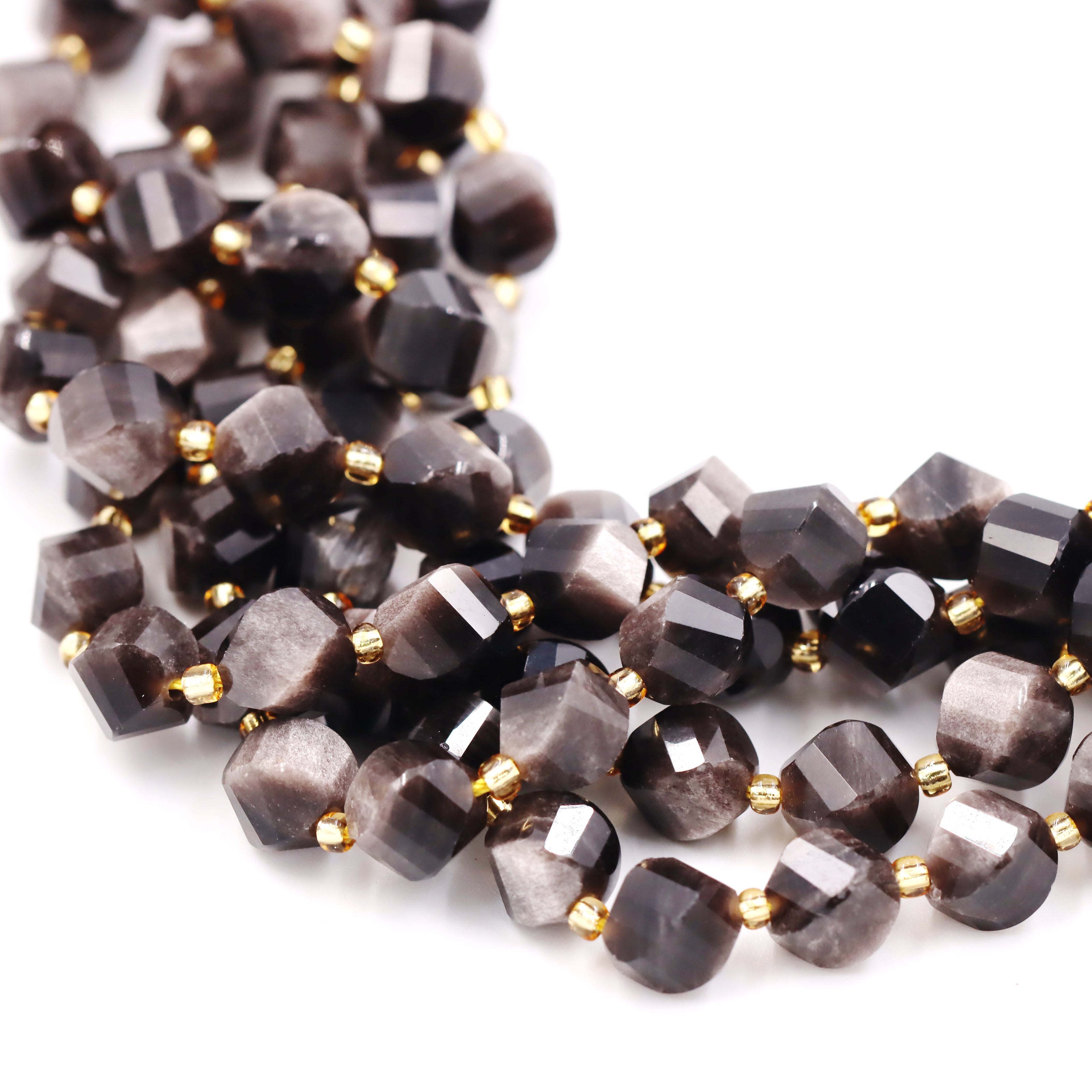 Malahill faceted S shape stone beads for jewelry making, sold per bag 5 strands inside, Silver Obsidian beads