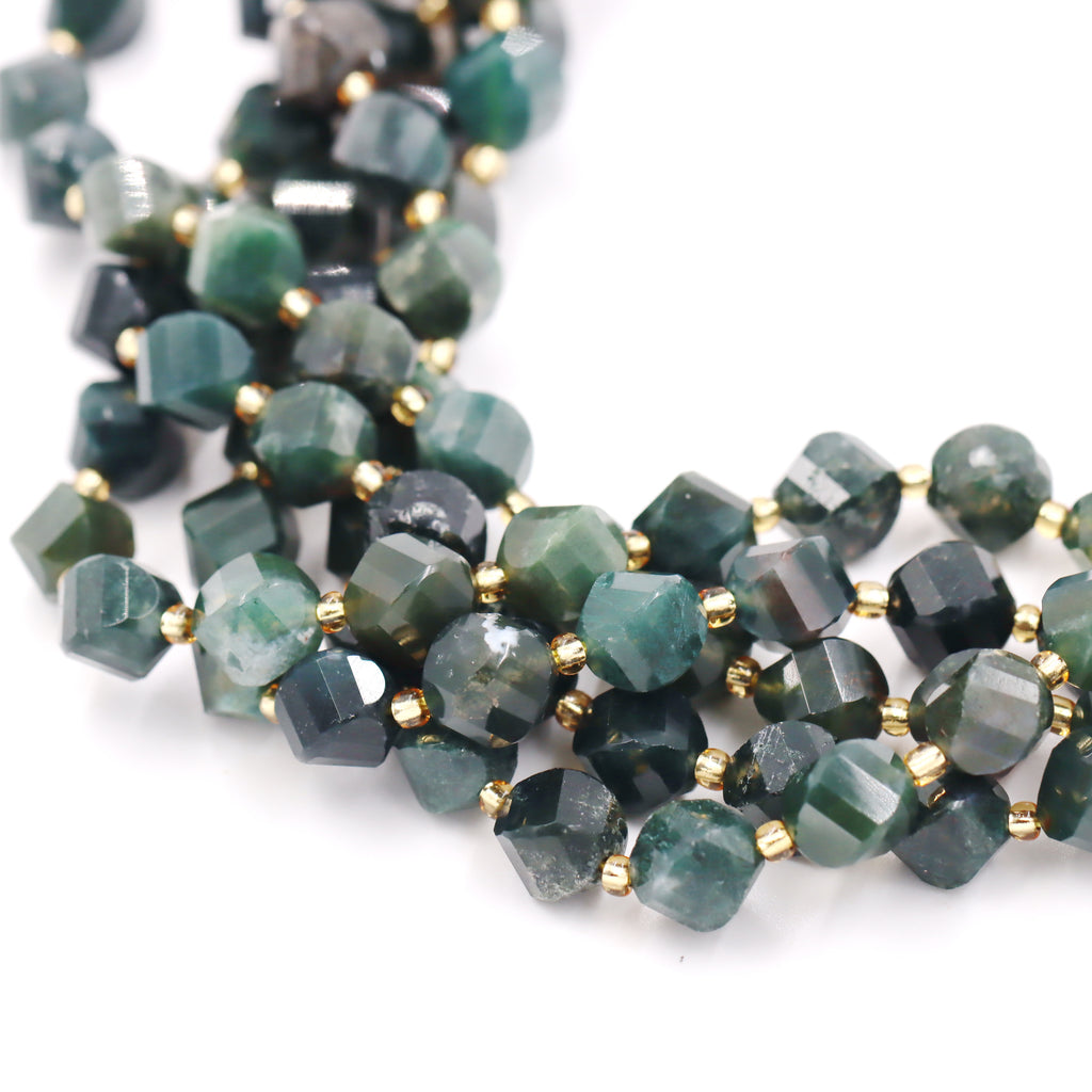 Malahill faceted S shape stone beads for jewelry making, sold per bag 5 strands inside, Moss Agate beads