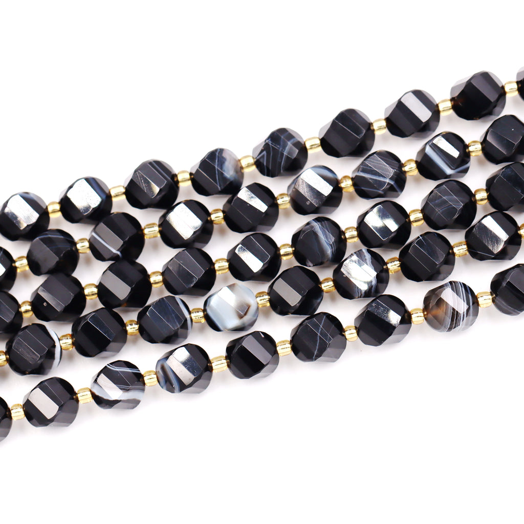 Malahill faceted S shape stone beads for jewelry making, sold per bag 5 strands inside, Stripe Onyx beads