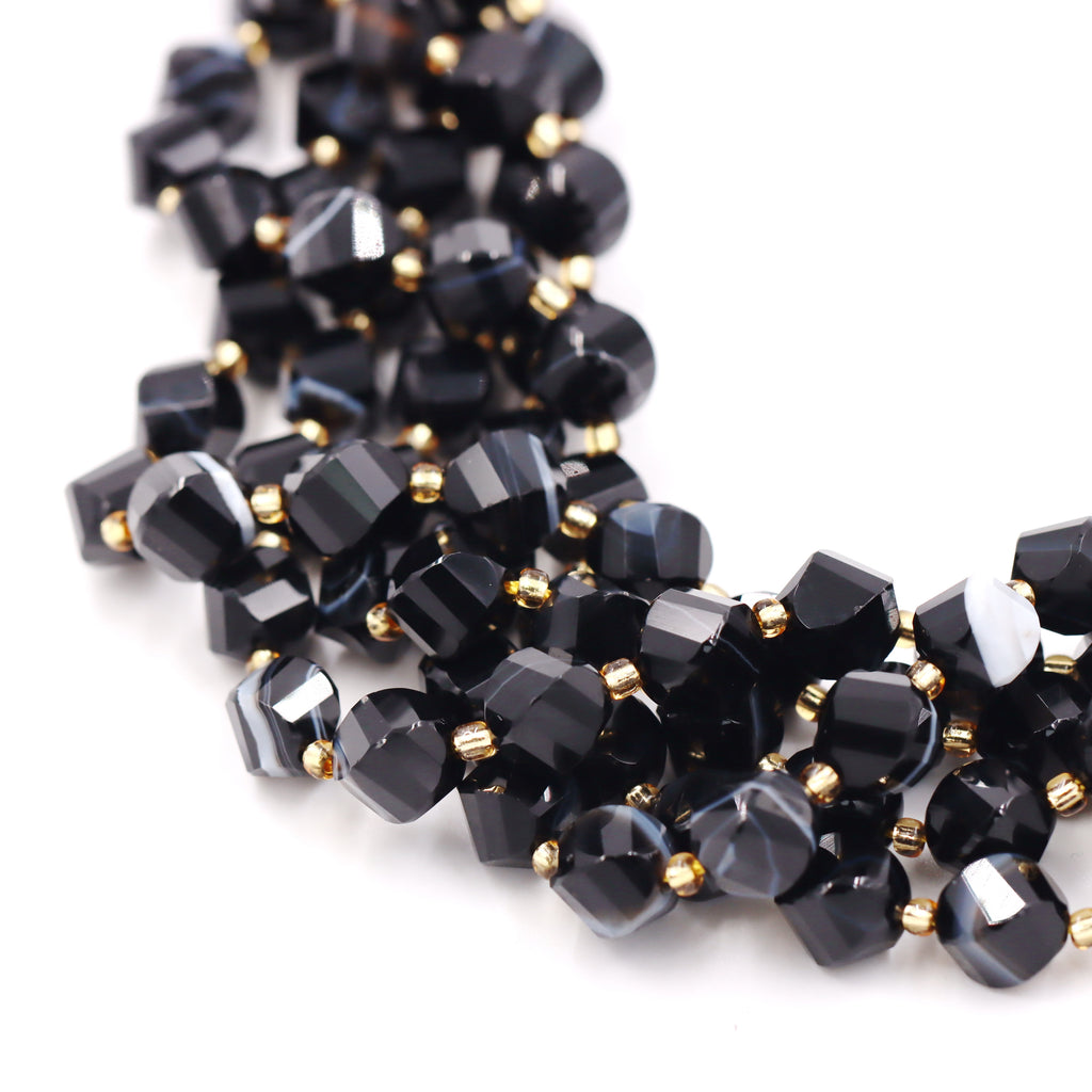 Malahill faceted S shape stone beads for jewelry making, sold per bag 5 strands inside, Stripe Onyx beads