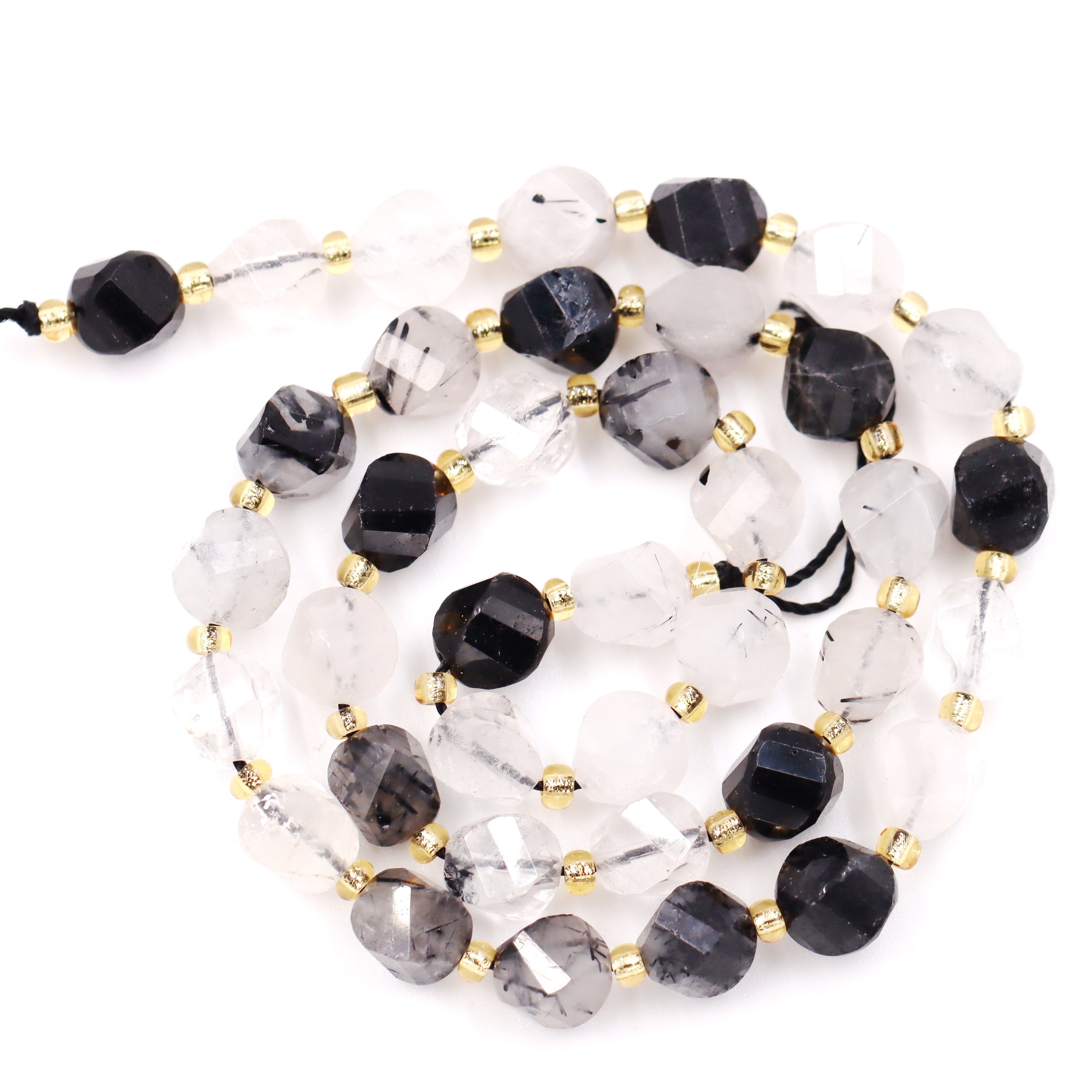 Malahill faceted S shape stone beads for jewelry making, sold per bag 5 strands inside, Black Rutilated Quartz beads