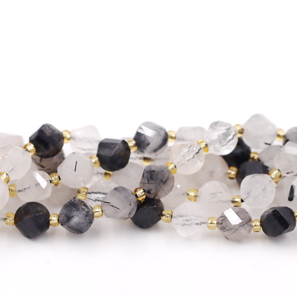 Malahill faceted S shape stone beads for jewelry making, sold per bag 5 strands inside, Black Rutilated Quartz beads