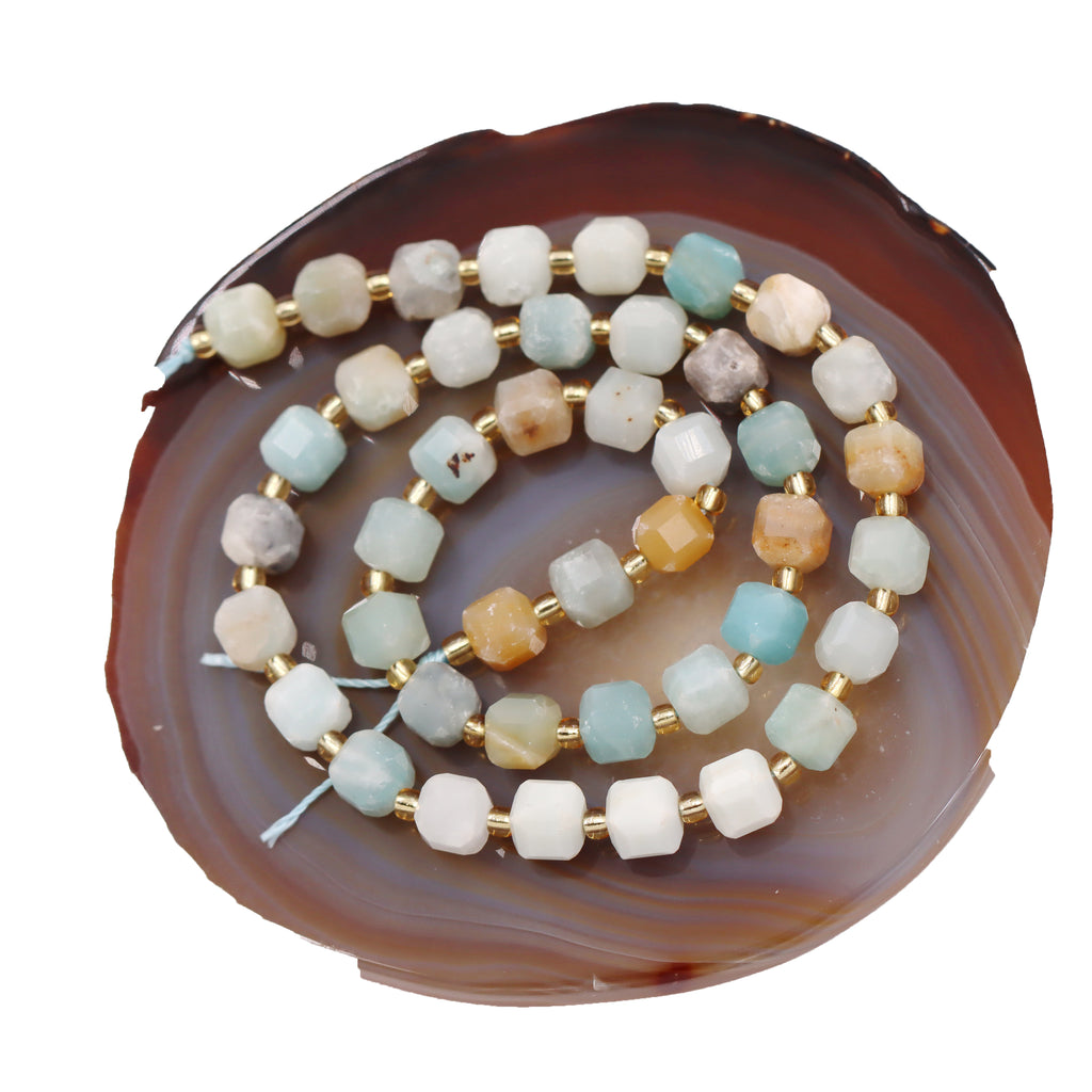 Malahill faceted cube stone beads for jewelry making, sold per bag 5 strands inside, Mix-color Amazonite beads