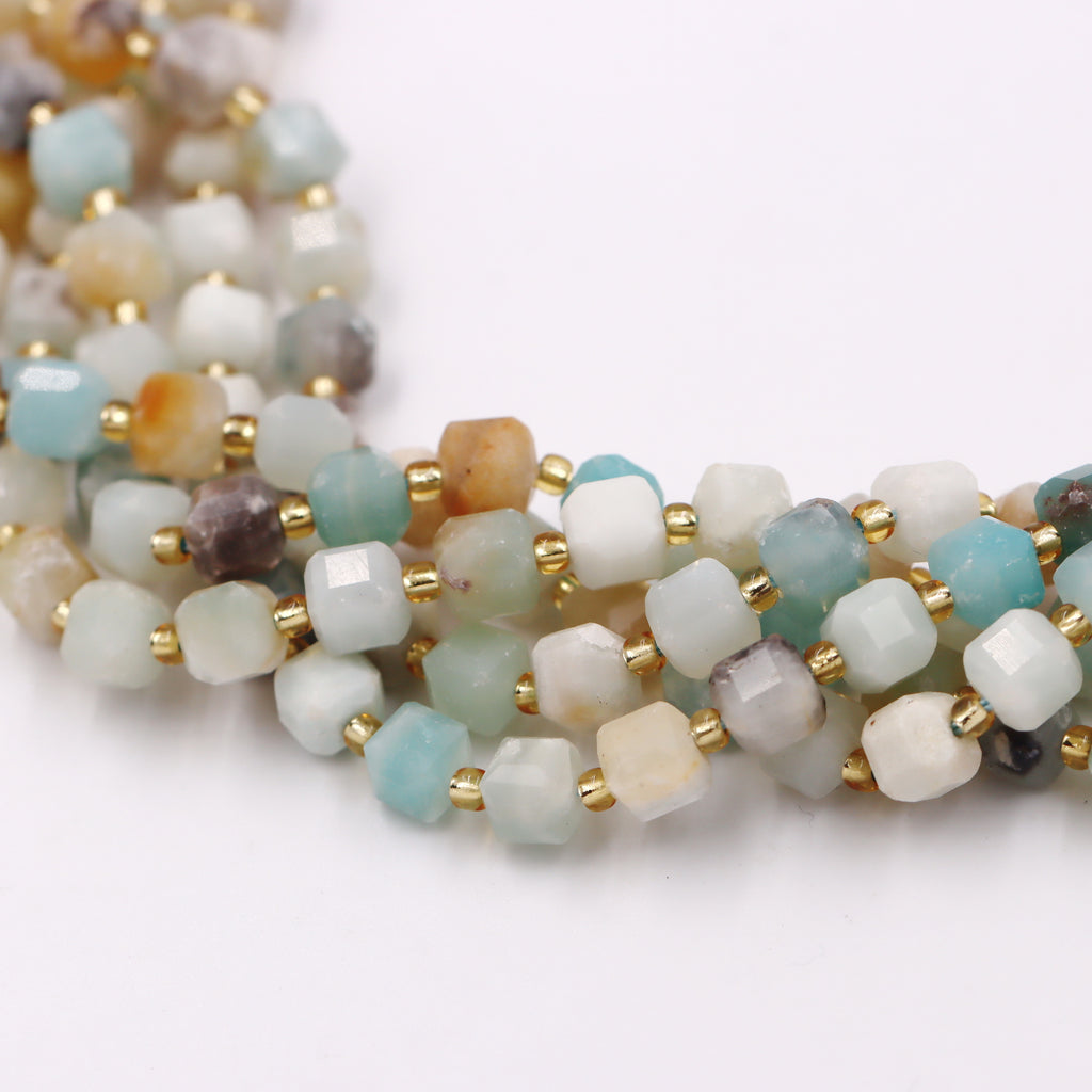 Malahill faceted cube stone beads for jewelry making, sold per bag 5 strands inside, Mix-color Amazonite beads