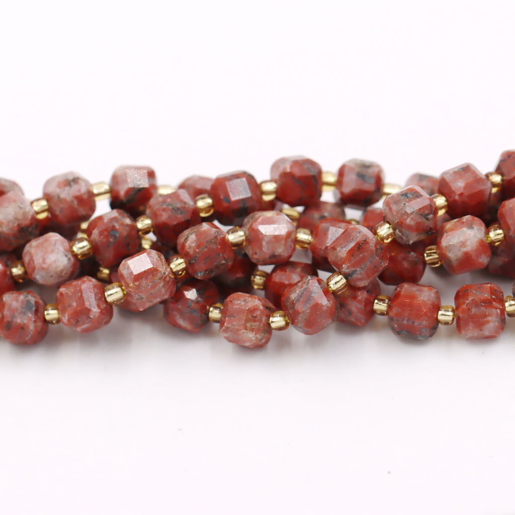 Malahill faceted cube stone beads for jewelry making, sold per bag 5 strands inside, Red Stripe Jasper beads