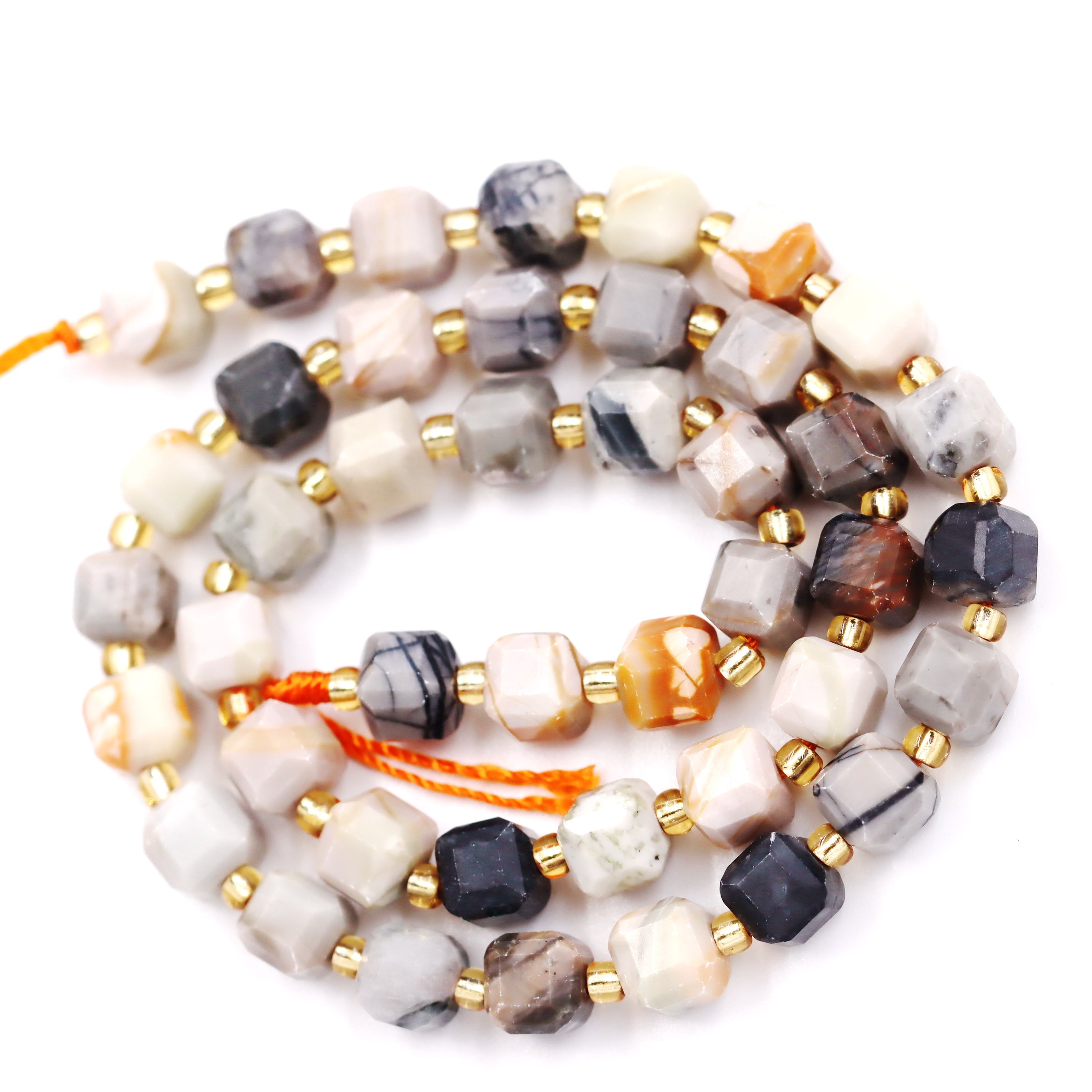 Malahill faceted cube stone beads for jewelry making, sold per bag 5 strands inside, Grey Picasso Jasper beads