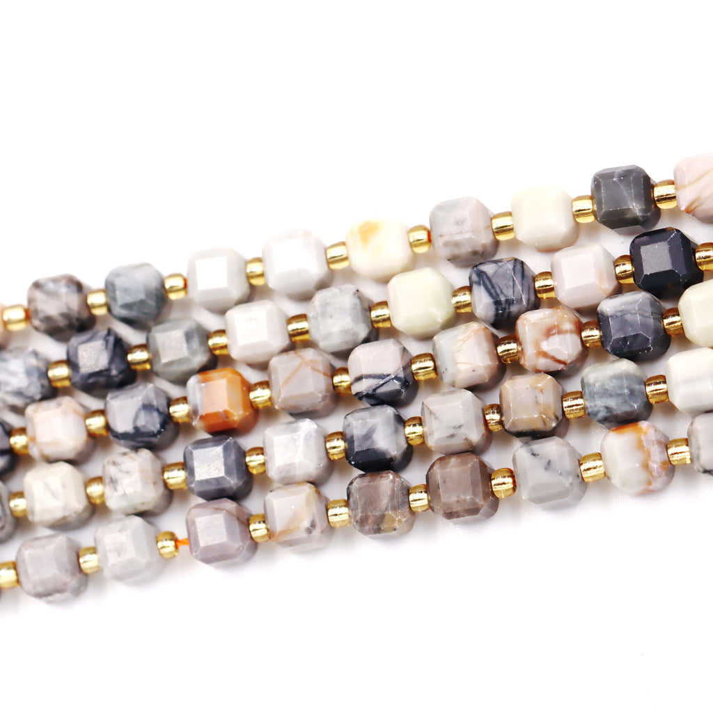 Malahill faceted cube stone beads for jewelry making, sold per bag 5 strands inside, Grey Picasso Jasper beads