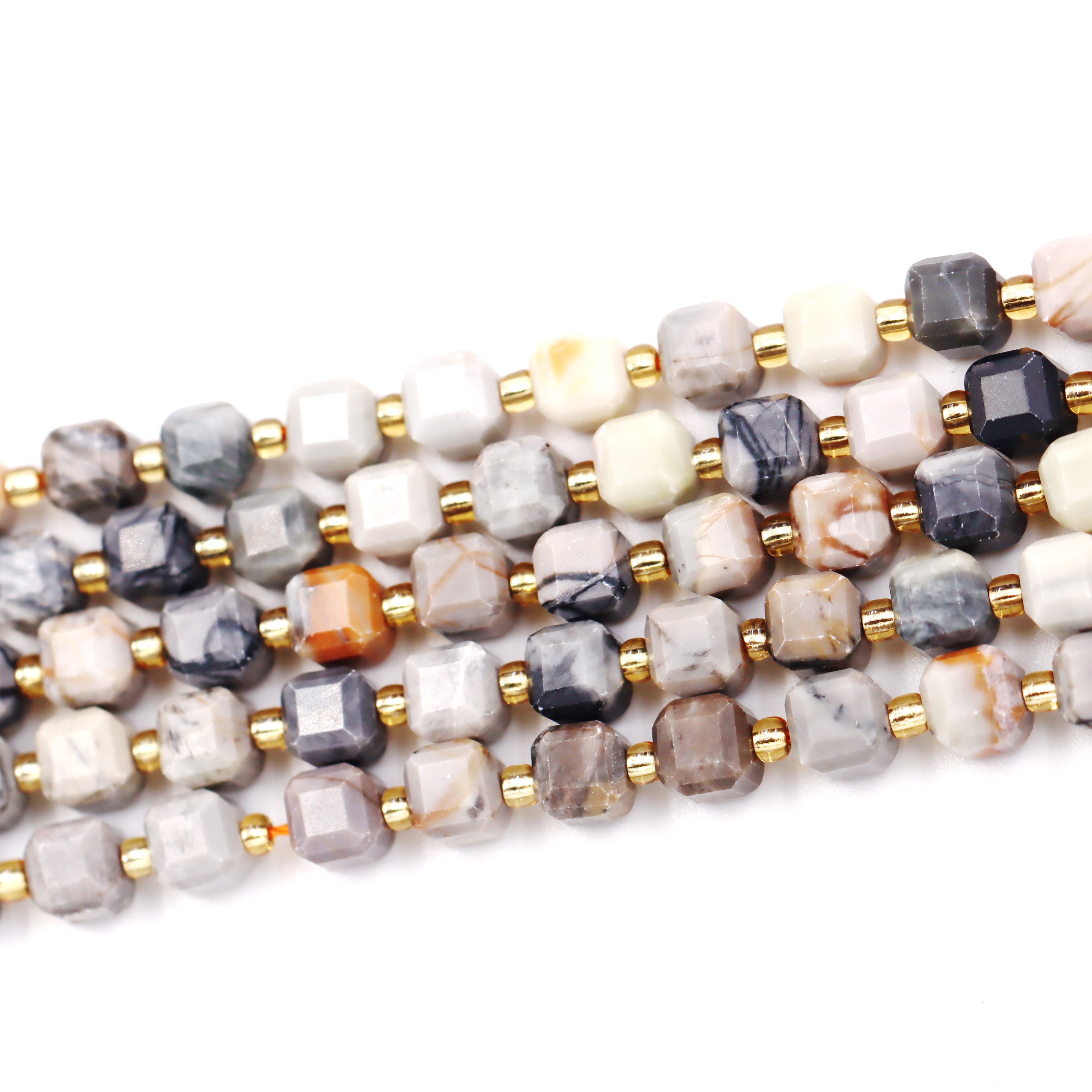 Malahill faceted cube stone beads for jewelry making, sold per bag 5 strands inside, Grey Picasso Jasper beads