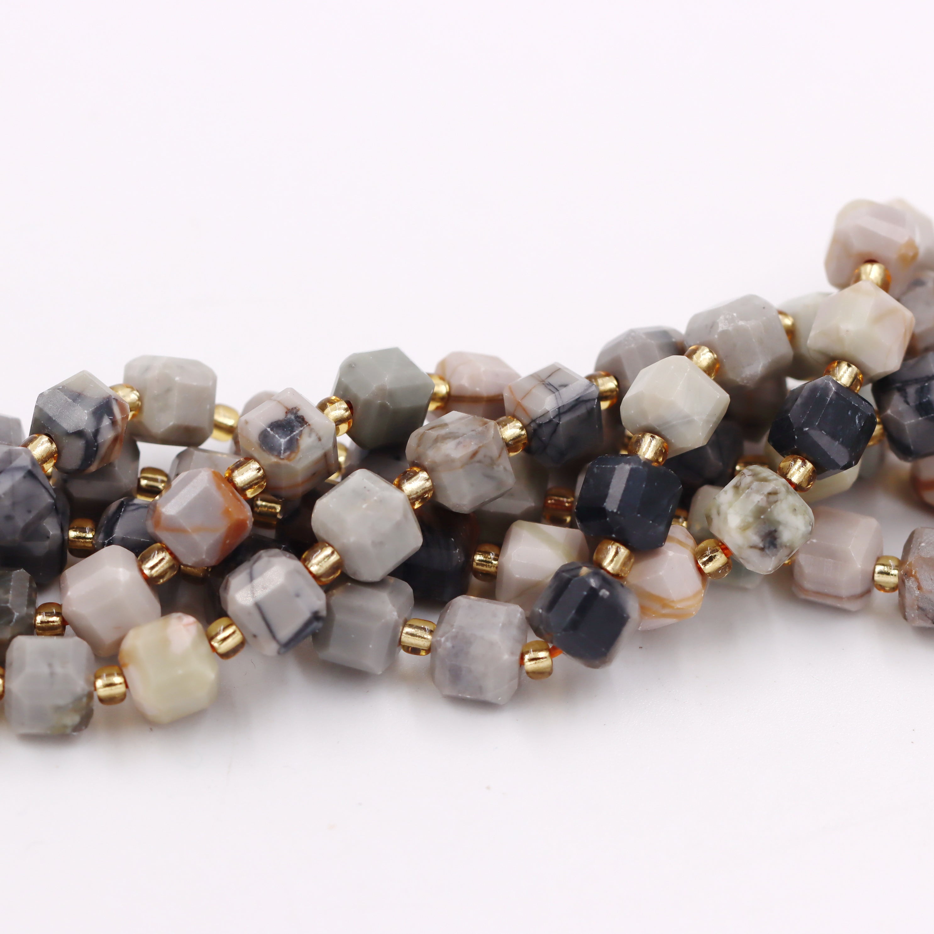 Malahill faceted cube stone beads for jewelry making, sold per bag 5 strands inside, Grey Picasso Jasper beads