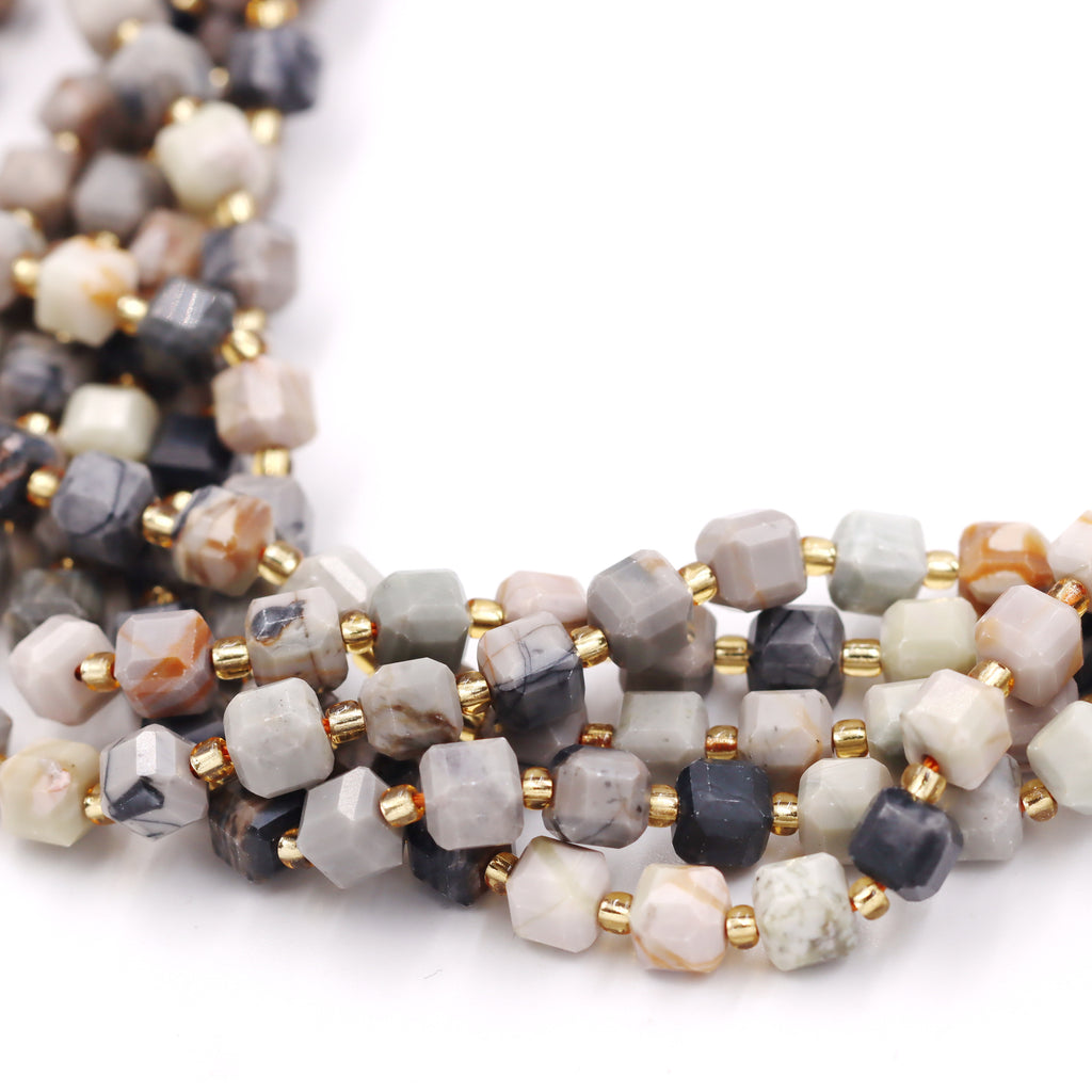 Malahill faceted cube stone beads for jewelry making, sold per bag 5 strands inside, Grey Picasso Jasper beads