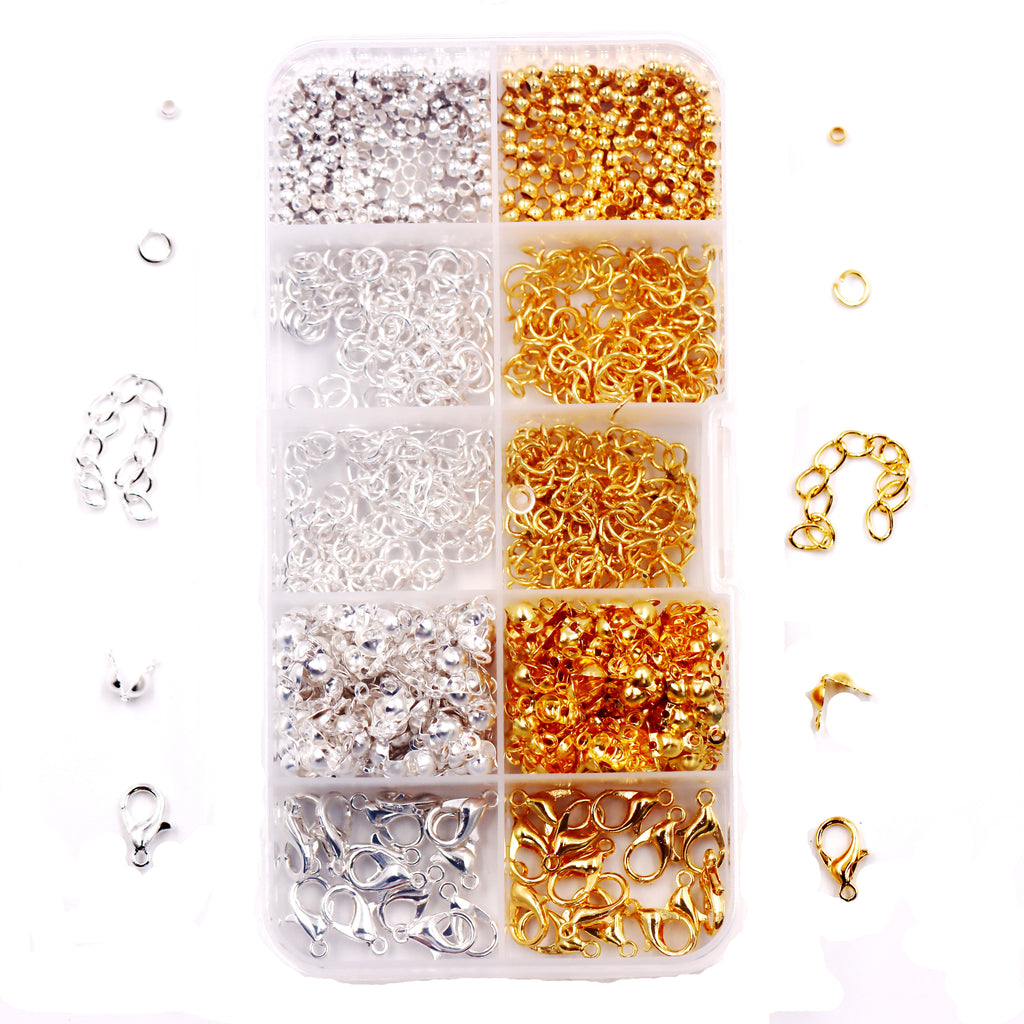 Malahill Jewelry Findings Kit with for Jewelry Making, 800 pieces crimp beads jump rings extender chain knot covers lobster clasps for bracelets necklaces Making, A2 Ordinary Quality