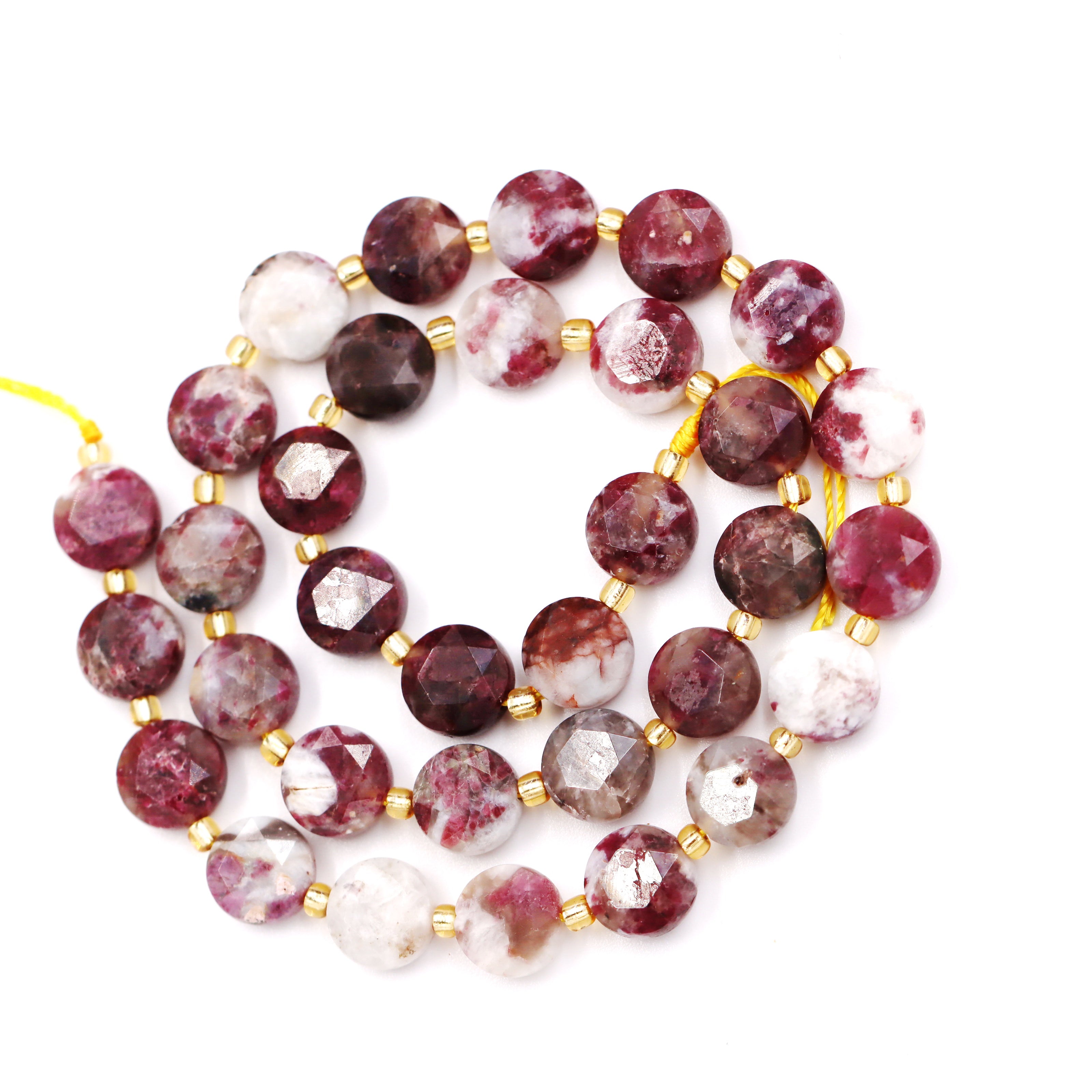 Malahill faceted flat round stone beads for jewelry making, sold per bag 5 strands inside, Plum Blosson Tourmaline  beads