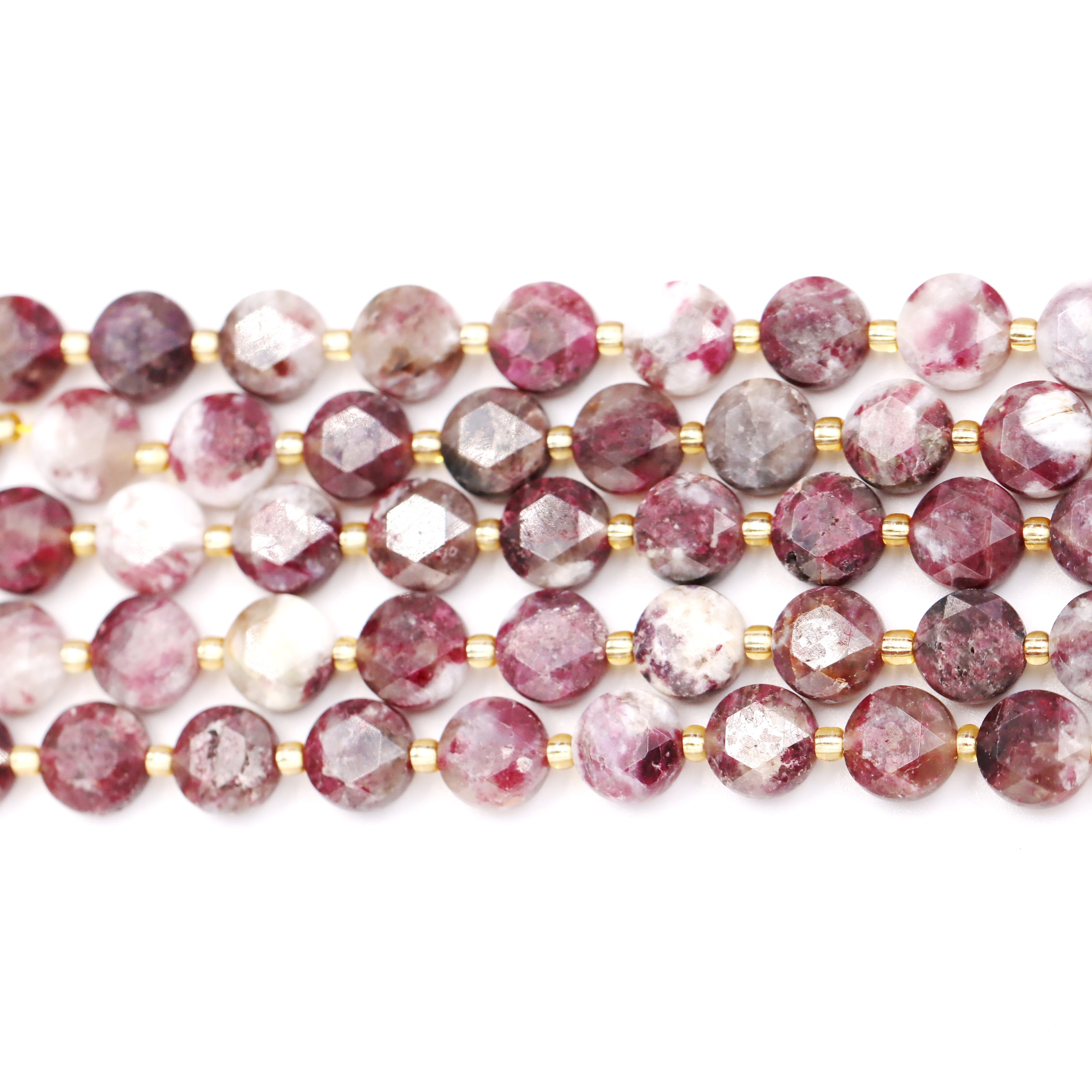 Malahill faceted flat round stone beads for jewelry making, sold per bag 5 strands inside, Plum Blosson Tourmaline  beads