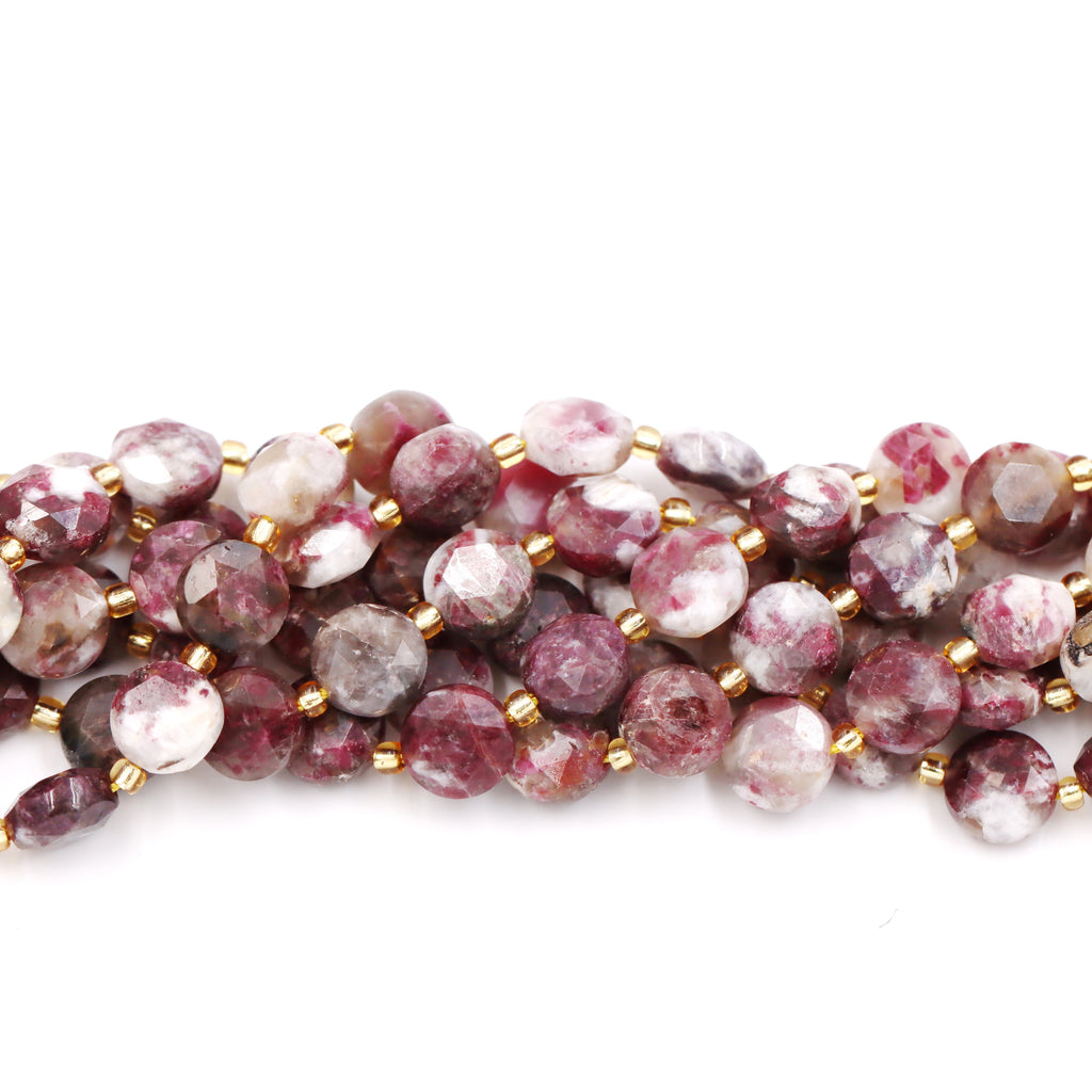 Malahill faceted flat round stone beads for jewelry making, sold per bag 5 strands inside, Plum Blosson Tourmaline  beads