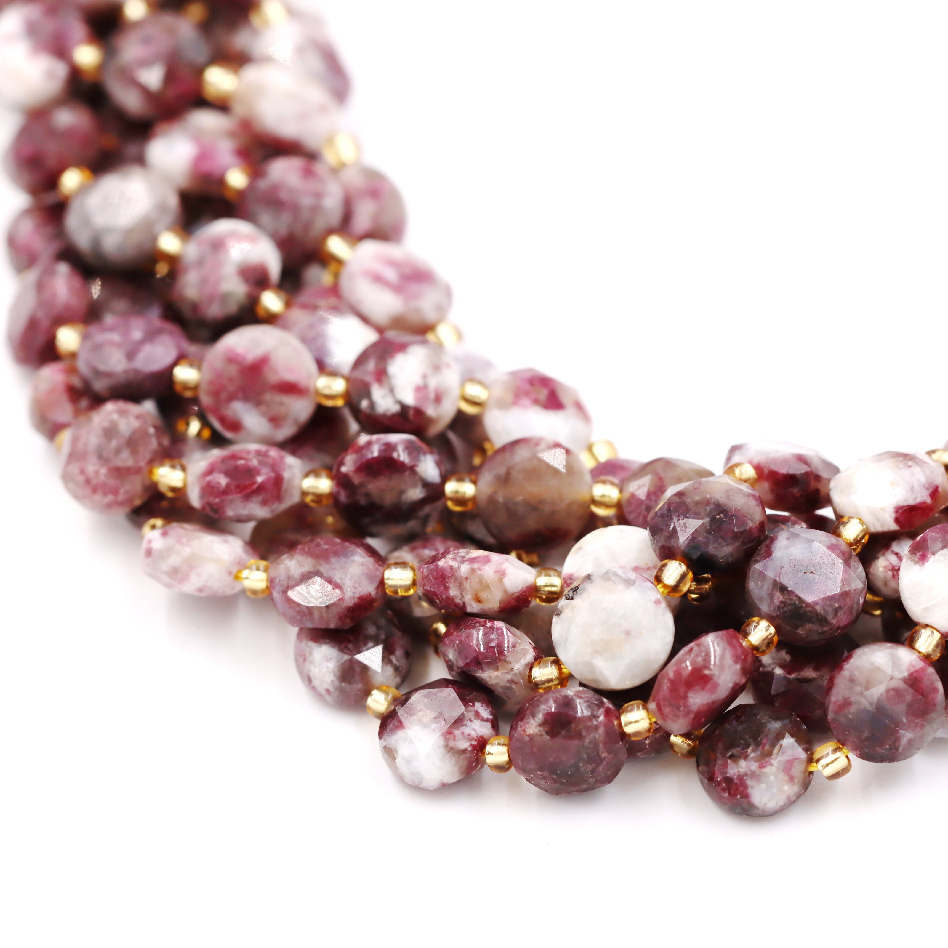 Malahill faceted flat round stone beads for jewelry making, sold per bag 5 strands inside, Plum Blosson Tourmaline  beads