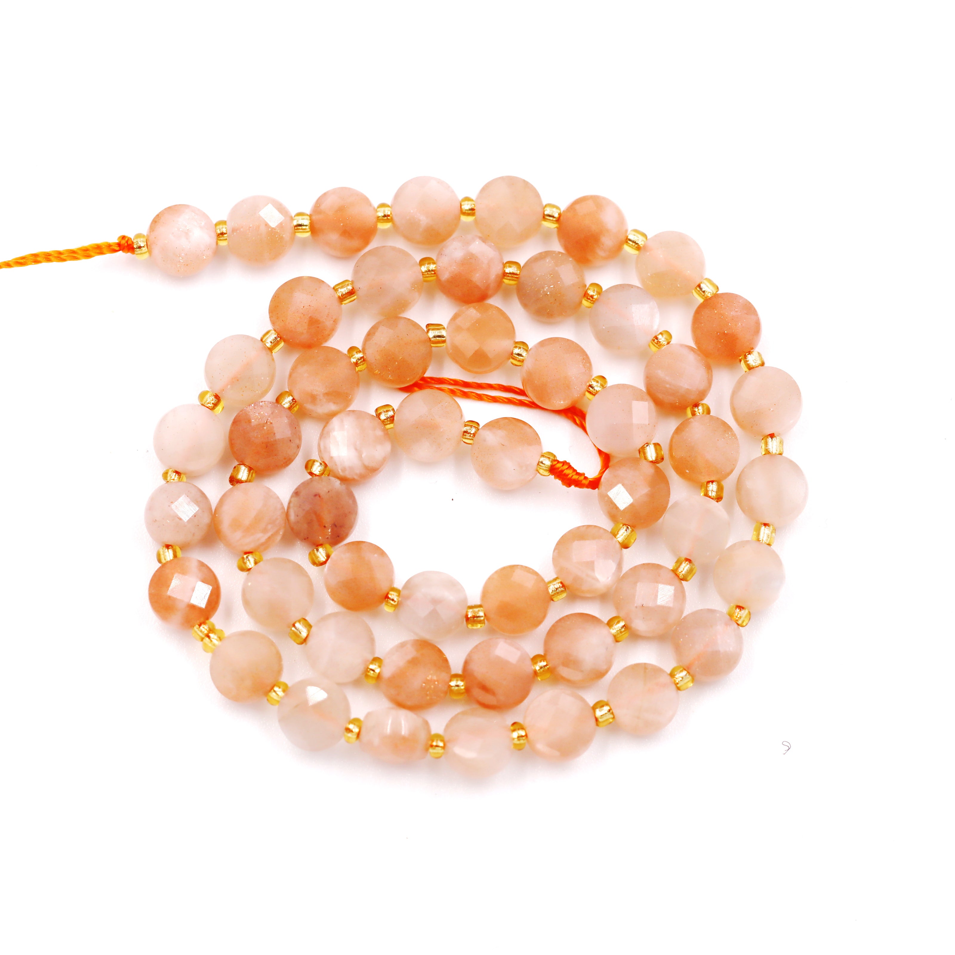Malahill faceted flat round stone beads for jewelry making, sold per bag 5 strands inside, Sunstone beads