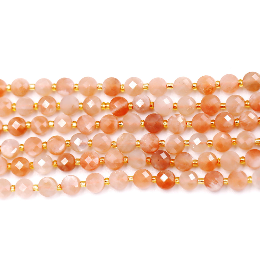 Malahill faceted flat round stone beads for jewelry making, sold per bag 5 strands inside, Sunstone beads