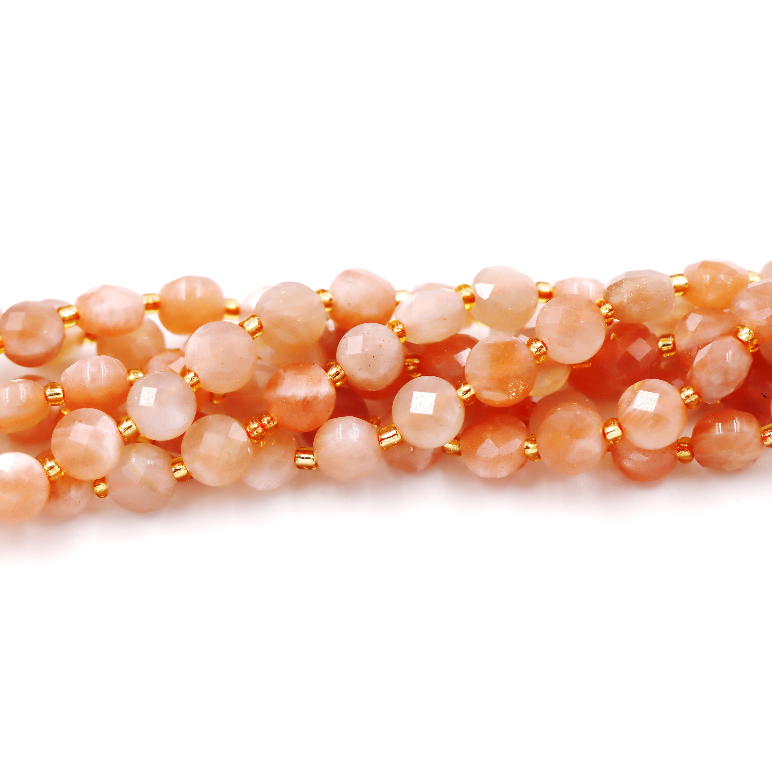 Malahill faceted flat round stone beads for jewelry making, sold per bag 5 strands inside, Sunstone beads