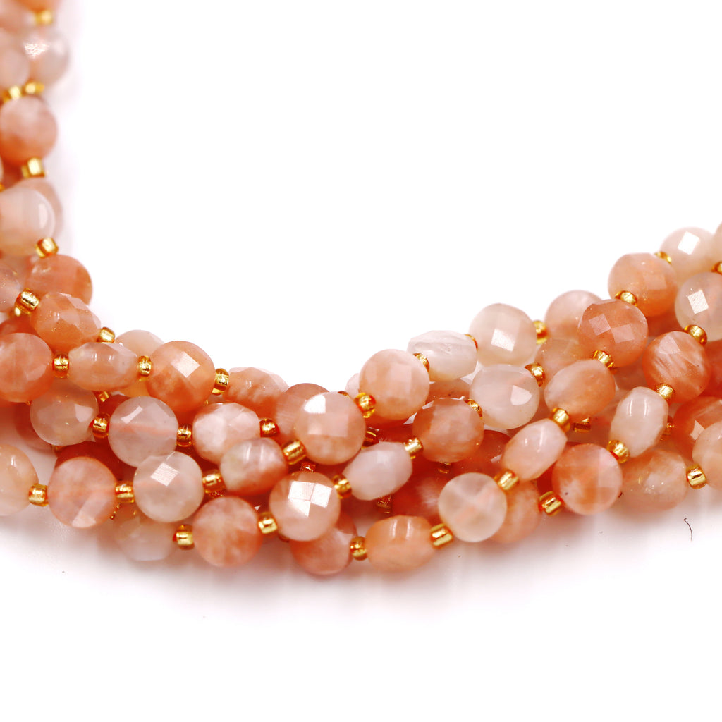 Malahill faceted flat round stone beads for jewelry making, sold per bag 5 strands inside, Sunstone beads