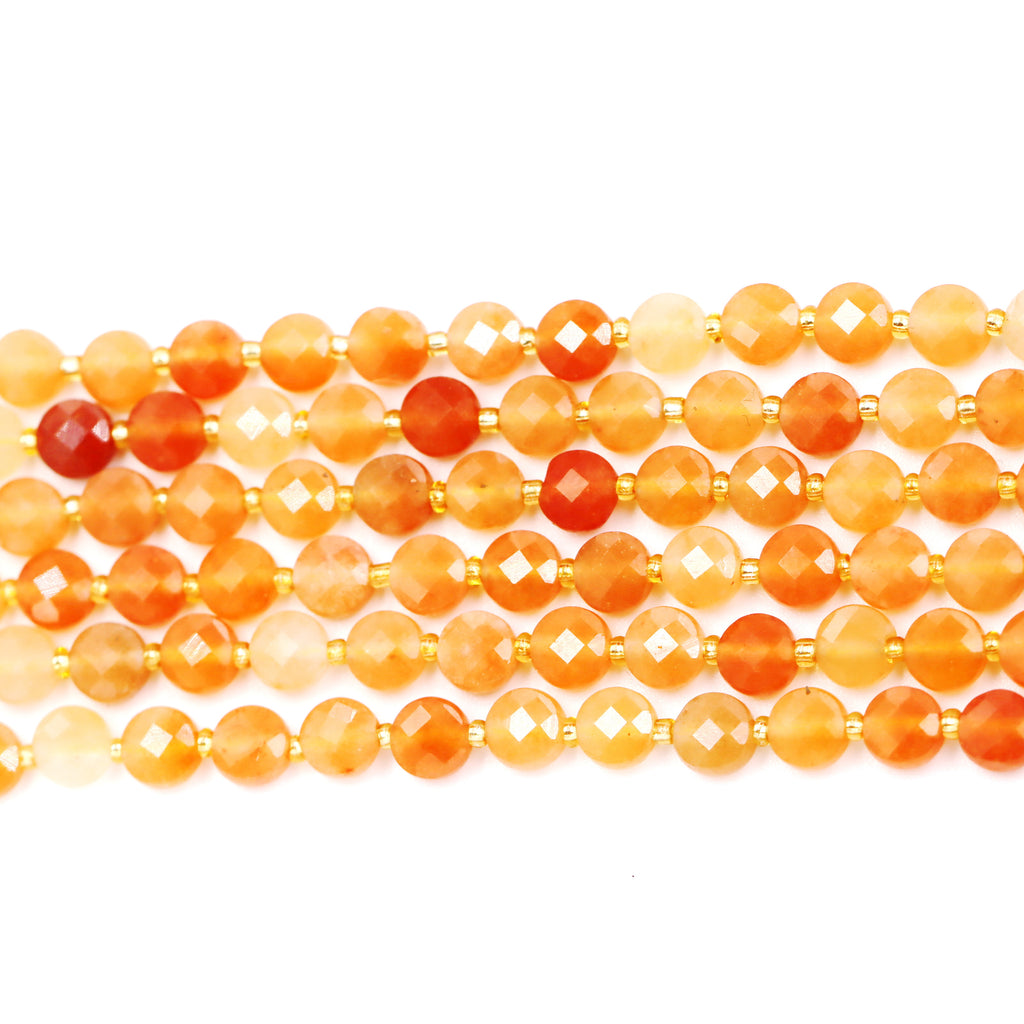 Malahill faceted flat round stone beads for jewelry making, sold per bag 5 strands inside, Orange Aventurine beads