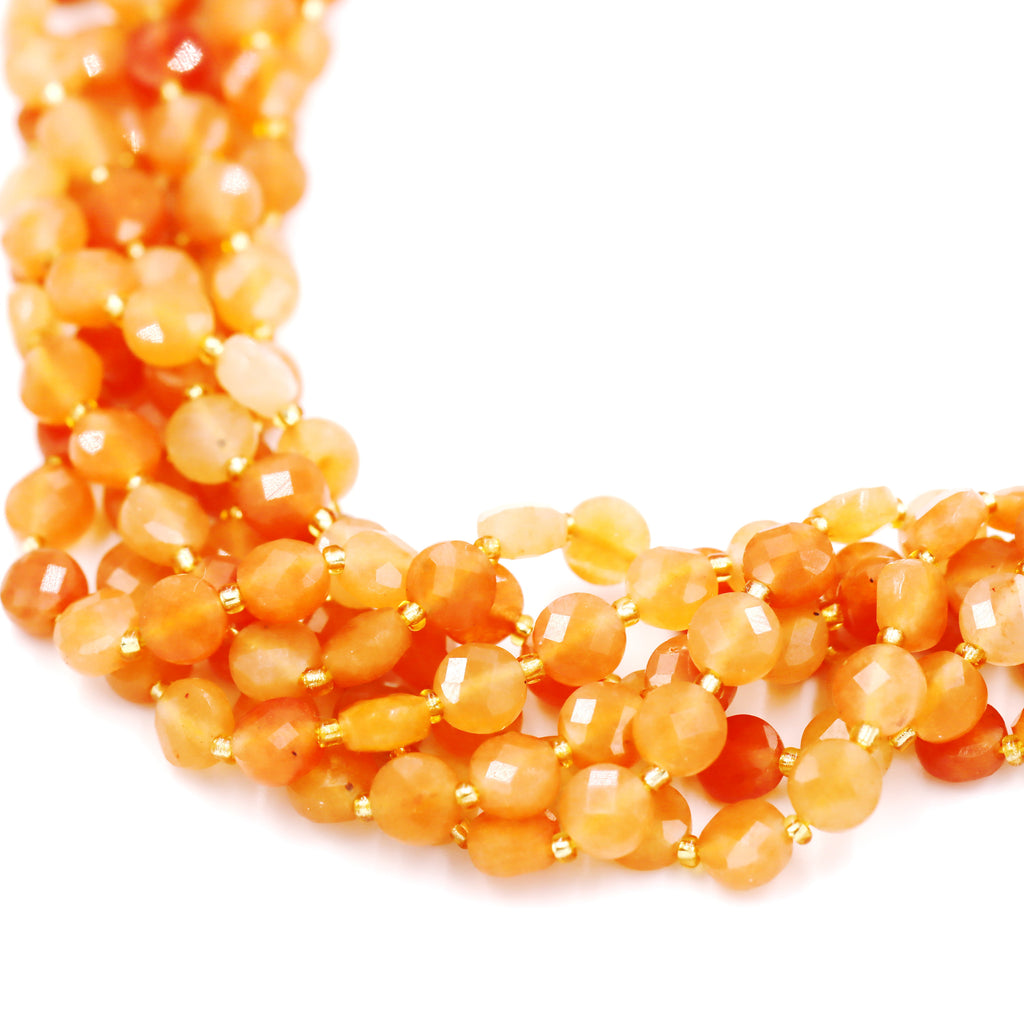 Malahill faceted flat round stone beads for jewelry making, sold per bag 5 strands inside, Orange Aventurine beads