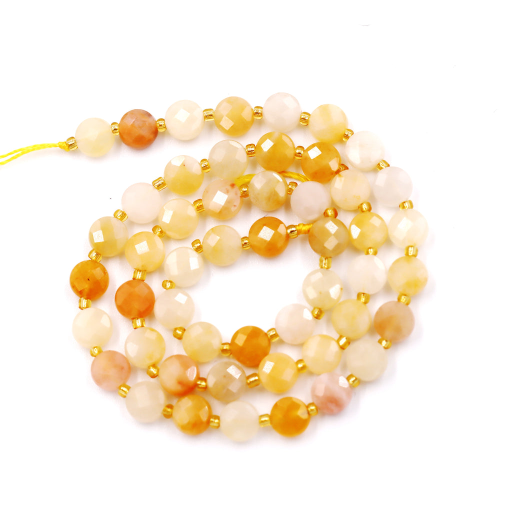 Malahill faceted flat round stone beads for jewelry making, sold per bag 5 strands inside, Golden Jade beads