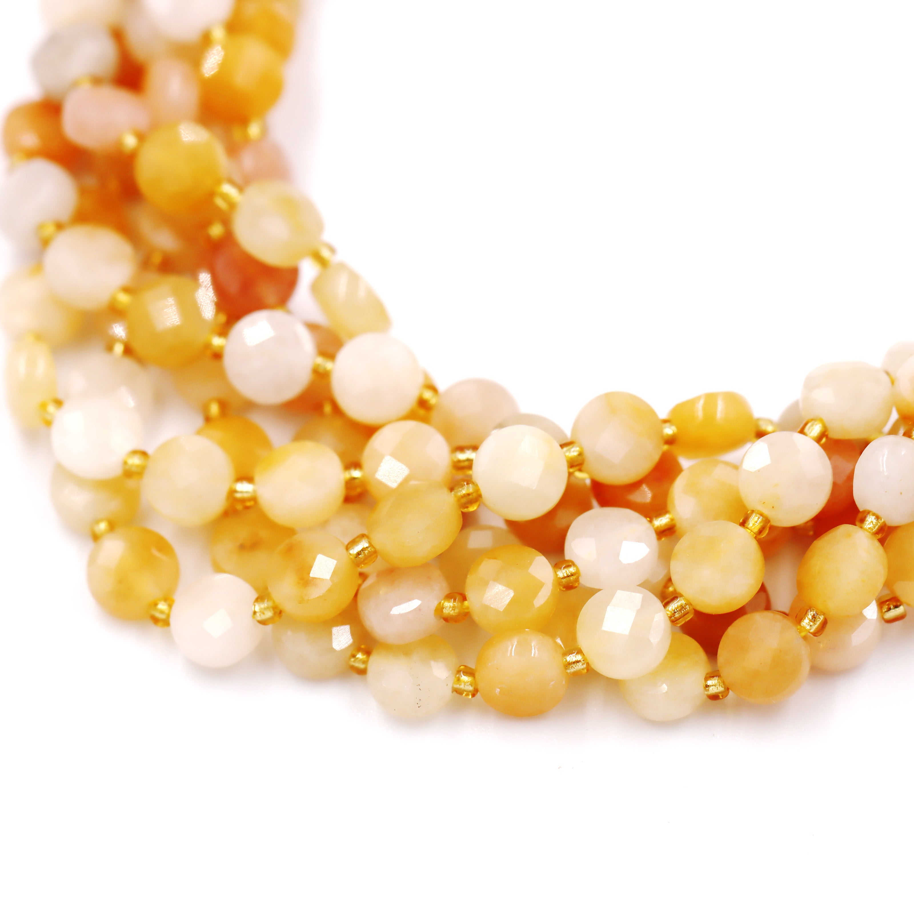 Malahill faceted flat round stone beads for jewelry making, sold per bag 5 strands inside, Golden Jade beads