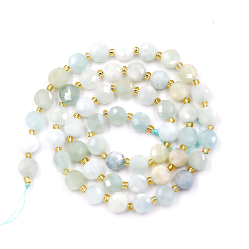 Malahill faceted flat round stone beads for jewelry making, sold per bag 5 strands inside, Aquamarine A beads