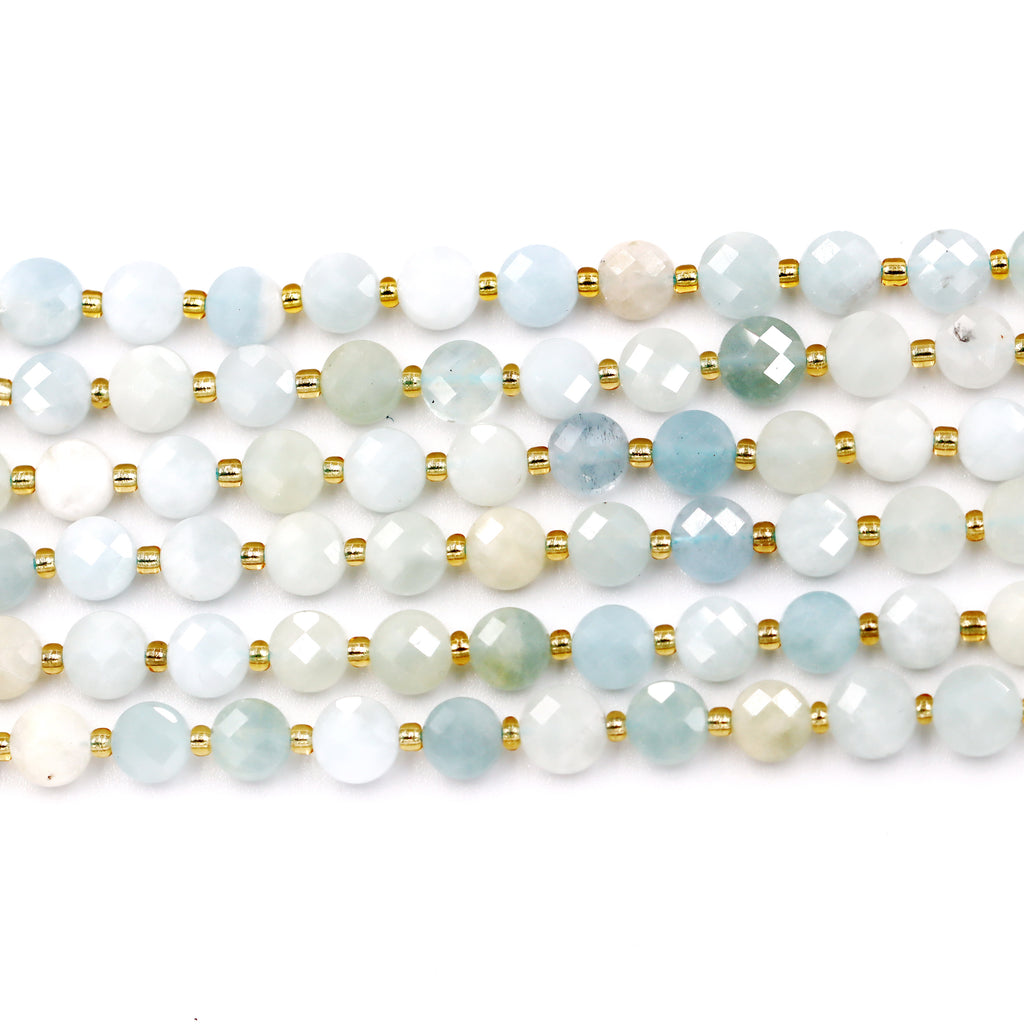 Malahill faceted flat round stone beads for jewelry making, sold per bag 5 strands inside, Aquamarine A beads