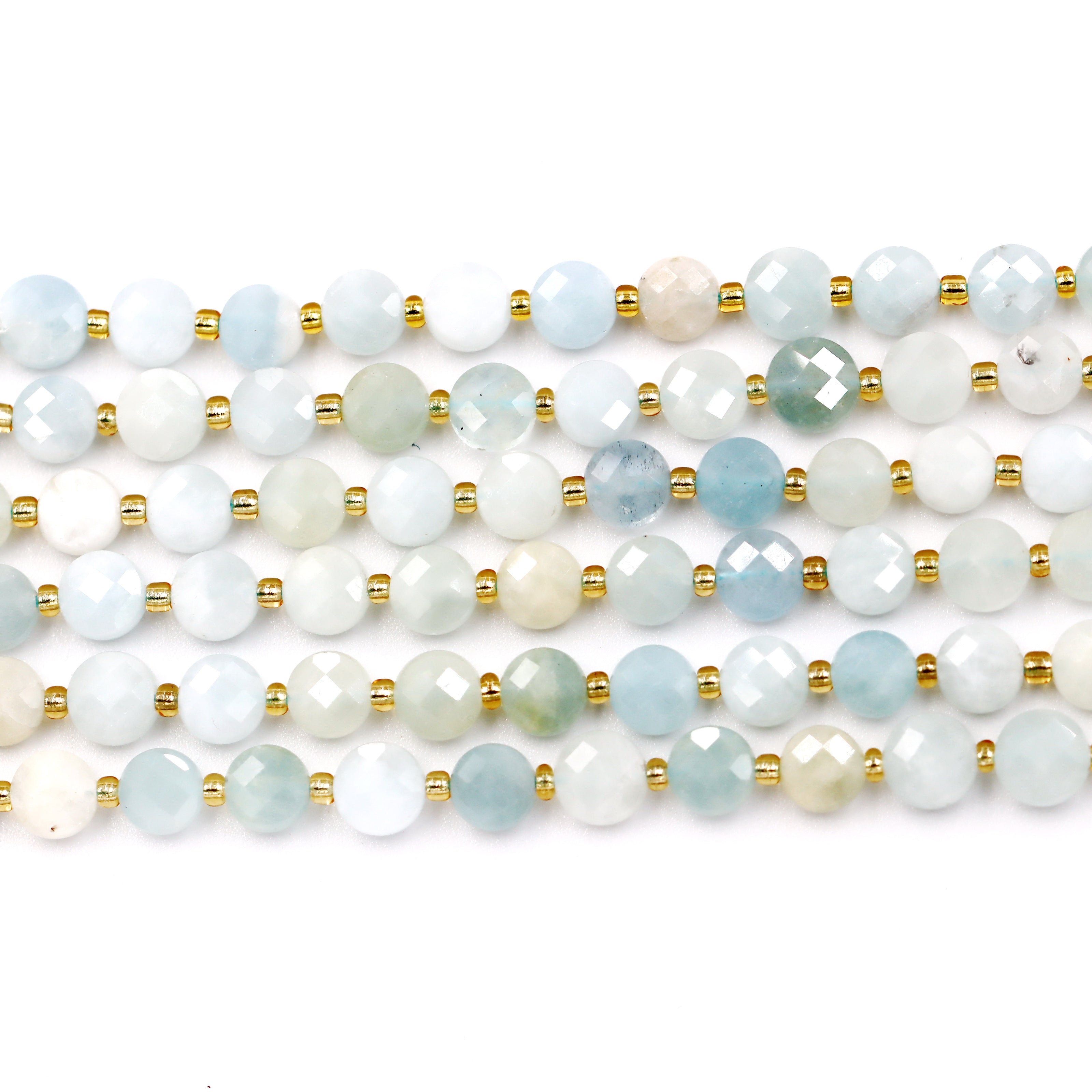 Malahill faceted flat round stone beads for jewelry making, sold per bag 5 strands inside, Aquamarine A beads