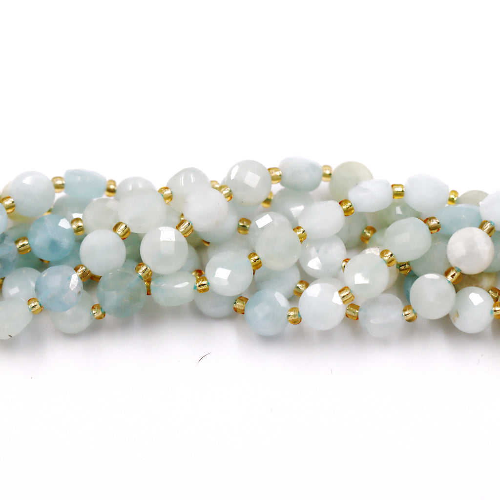 Malahill faceted flat round stone beads for jewelry making, sold per bag 5 strands inside, Aquamarine A beads