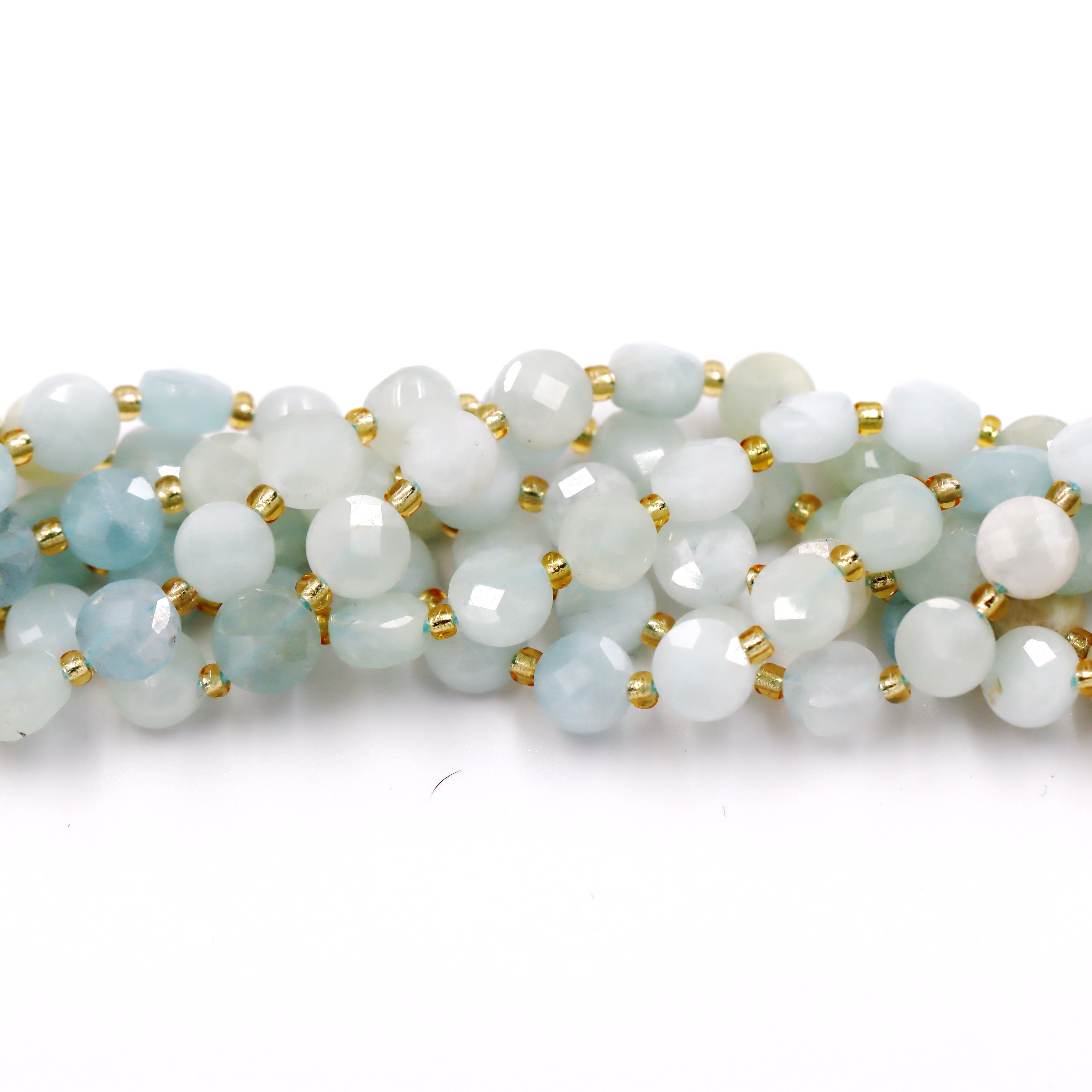 Malahill faceted flat round stone beads for jewelry making, sold per bag 5 strands inside, Aquamarine A beads