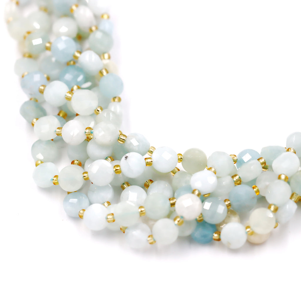 Malahill faceted flat round stone beads for jewelry making, sold per bag 5 strands inside, Aquamarine A beads