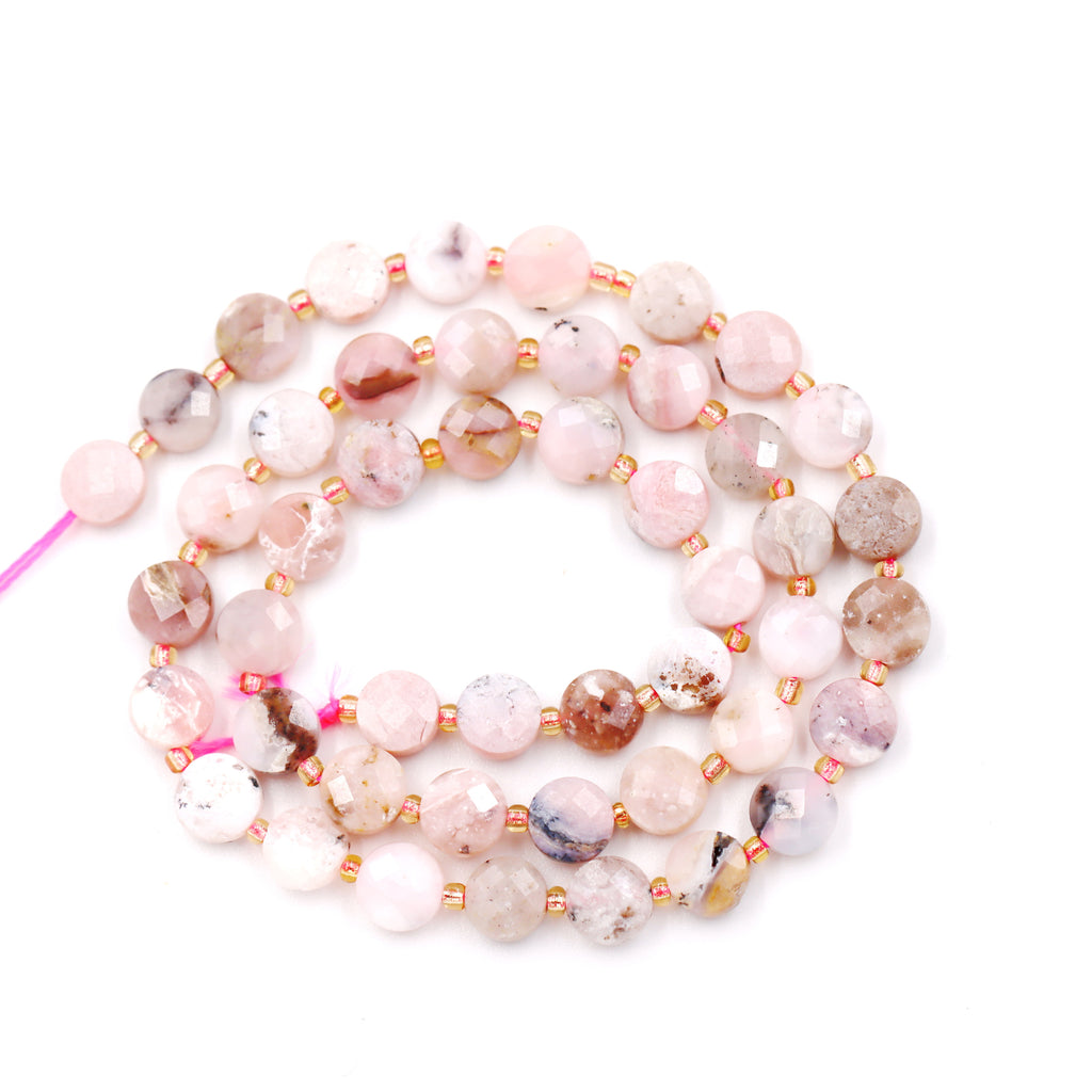 Malahill faceted flat round stone beads for jewelry making, sold per bag 5 strands inside, Pink Opal A beads