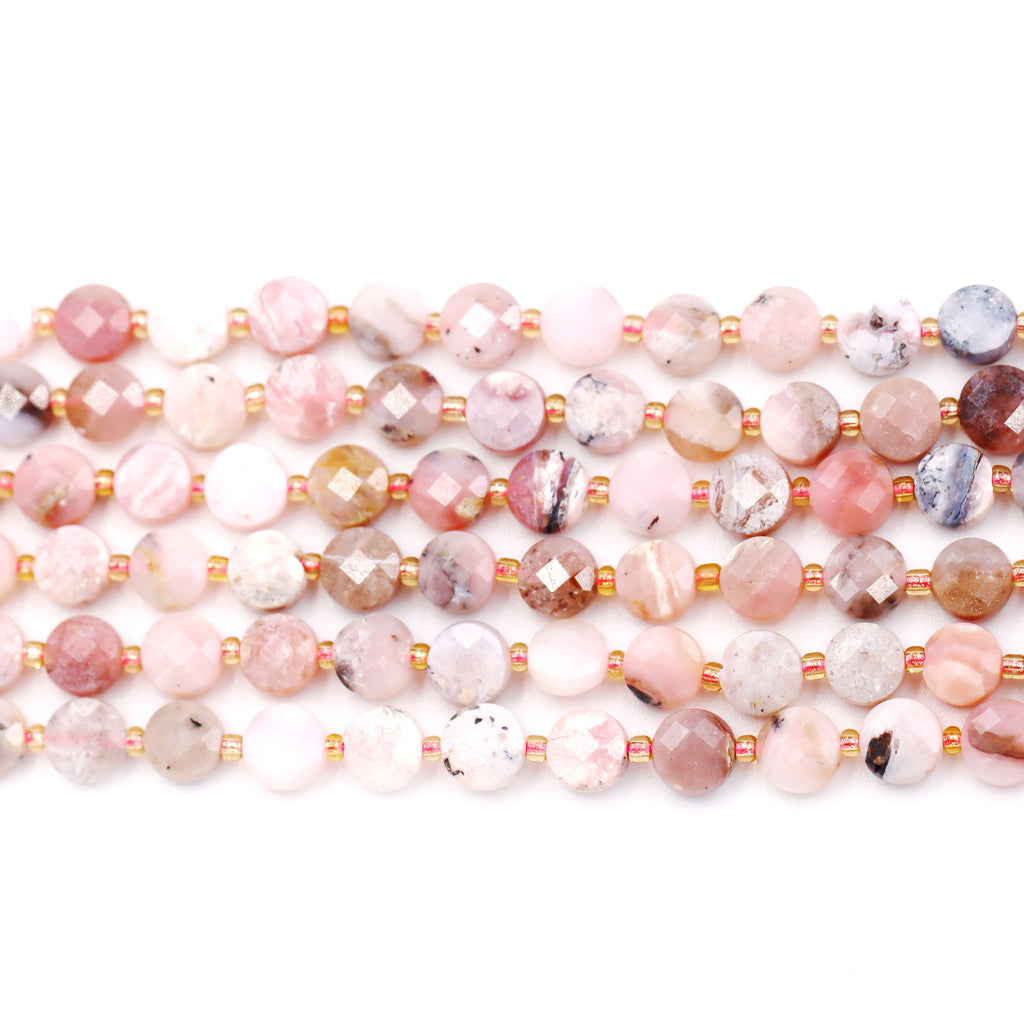 Malahill faceted flat round stone beads for jewelry making, sold per bag 5 strands inside, Pink Opal A beads