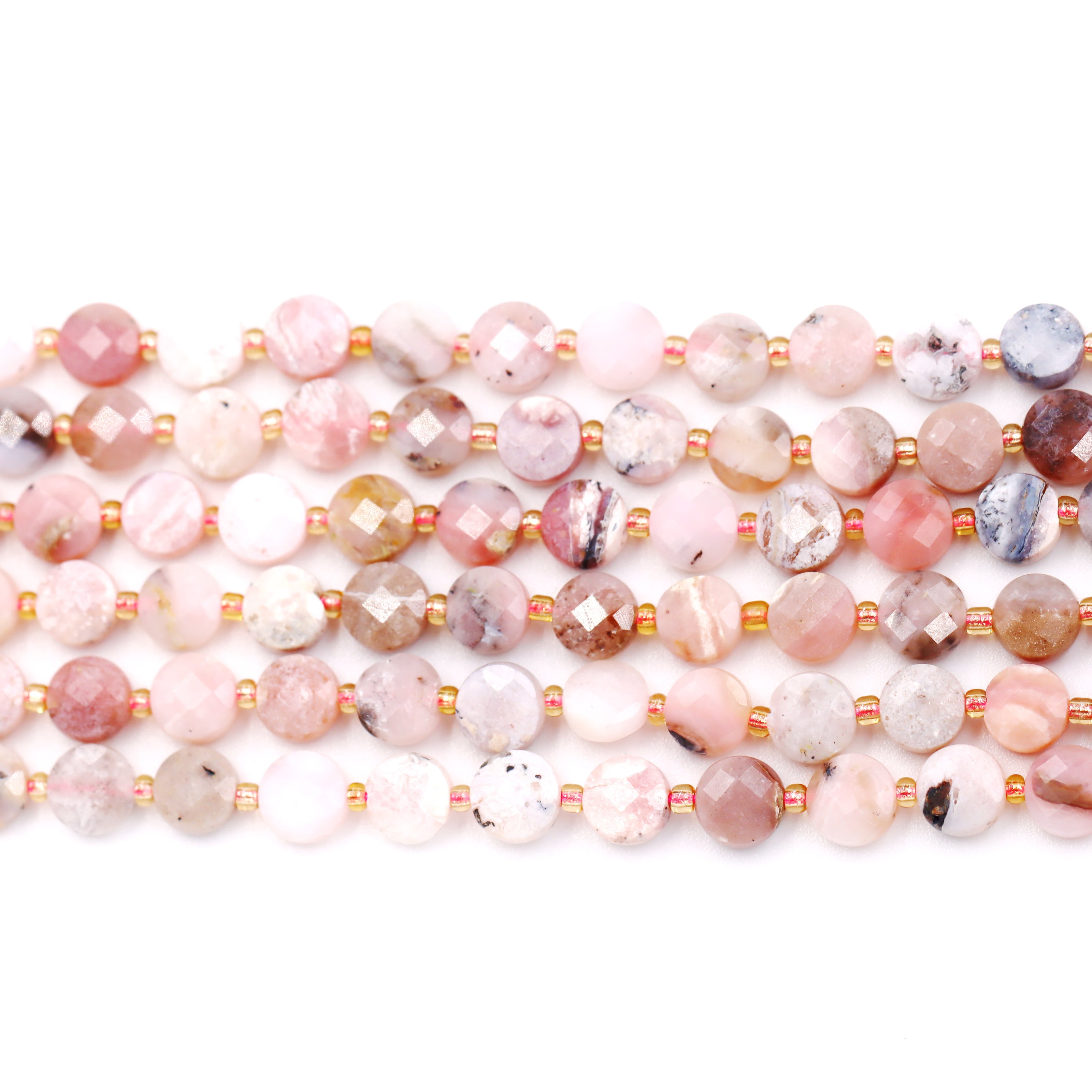 Malahill faceted flat round stone beads for jewelry making, sold per bag 5 strands inside, Pink Opal A beads