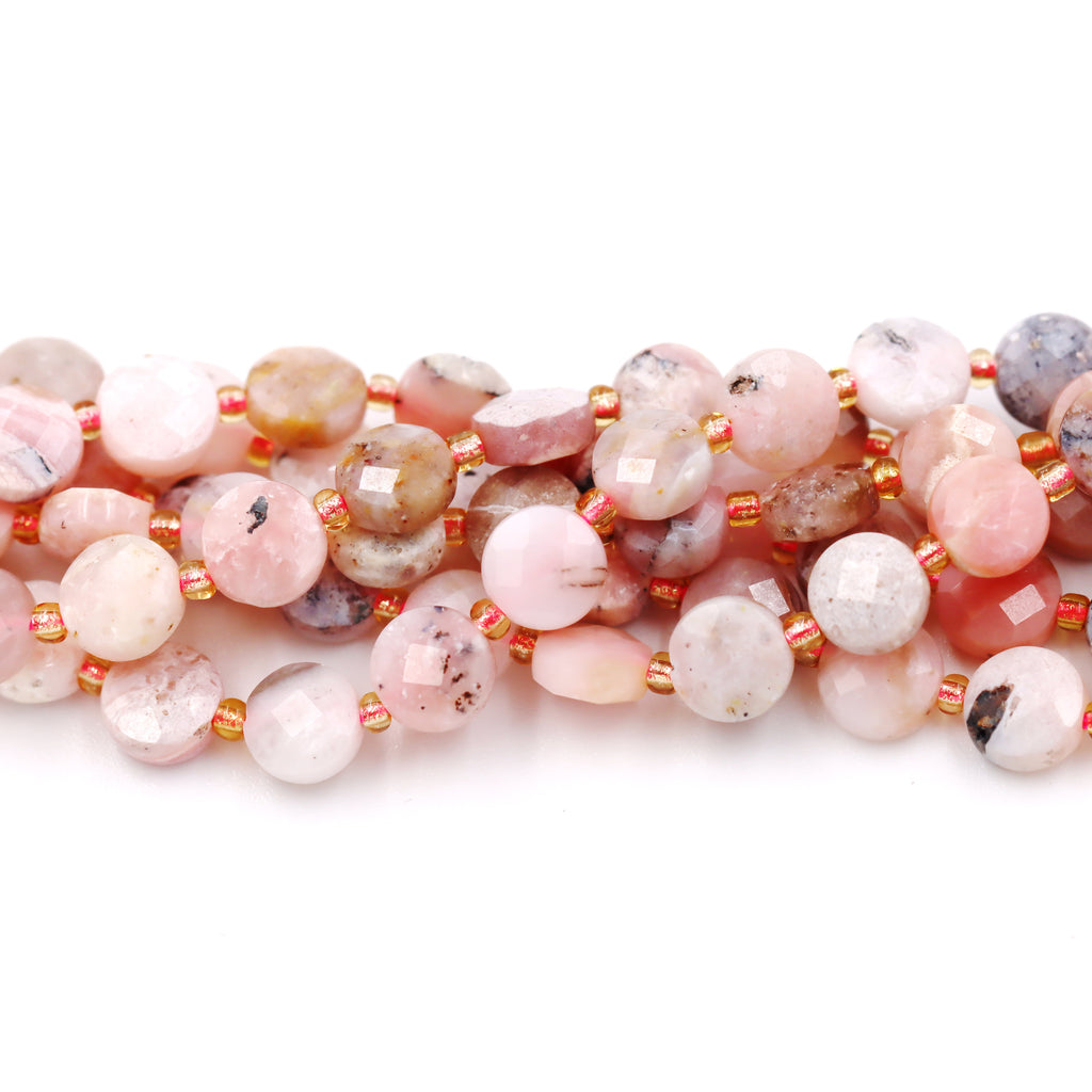 Malahill faceted flat round stone beads for jewelry making, sold per bag 5 strands inside, Pink Opal A beads