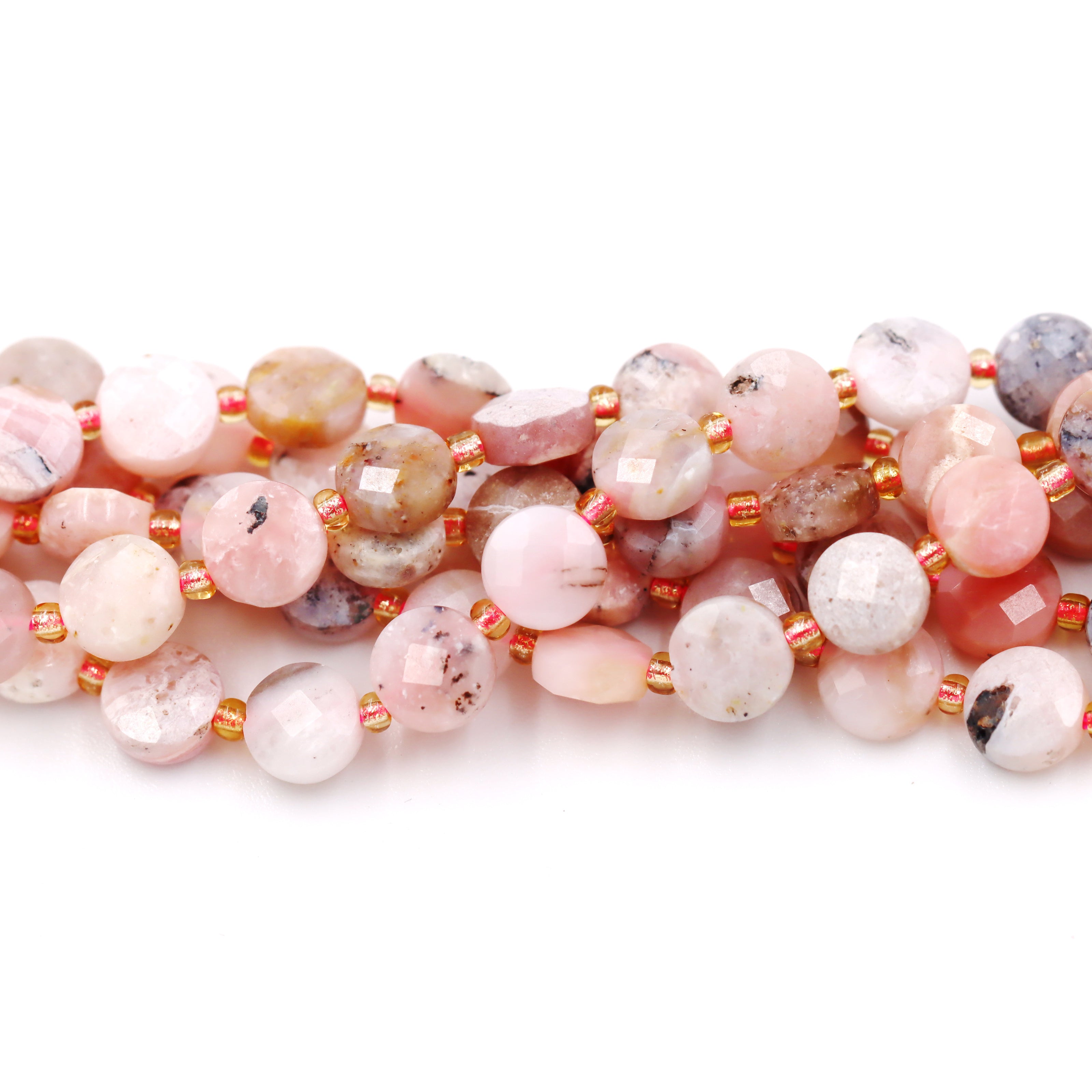 Malahill faceted flat round stone beads for jewelry making, sold per bag 5 strands inside, Pink Opal A beads