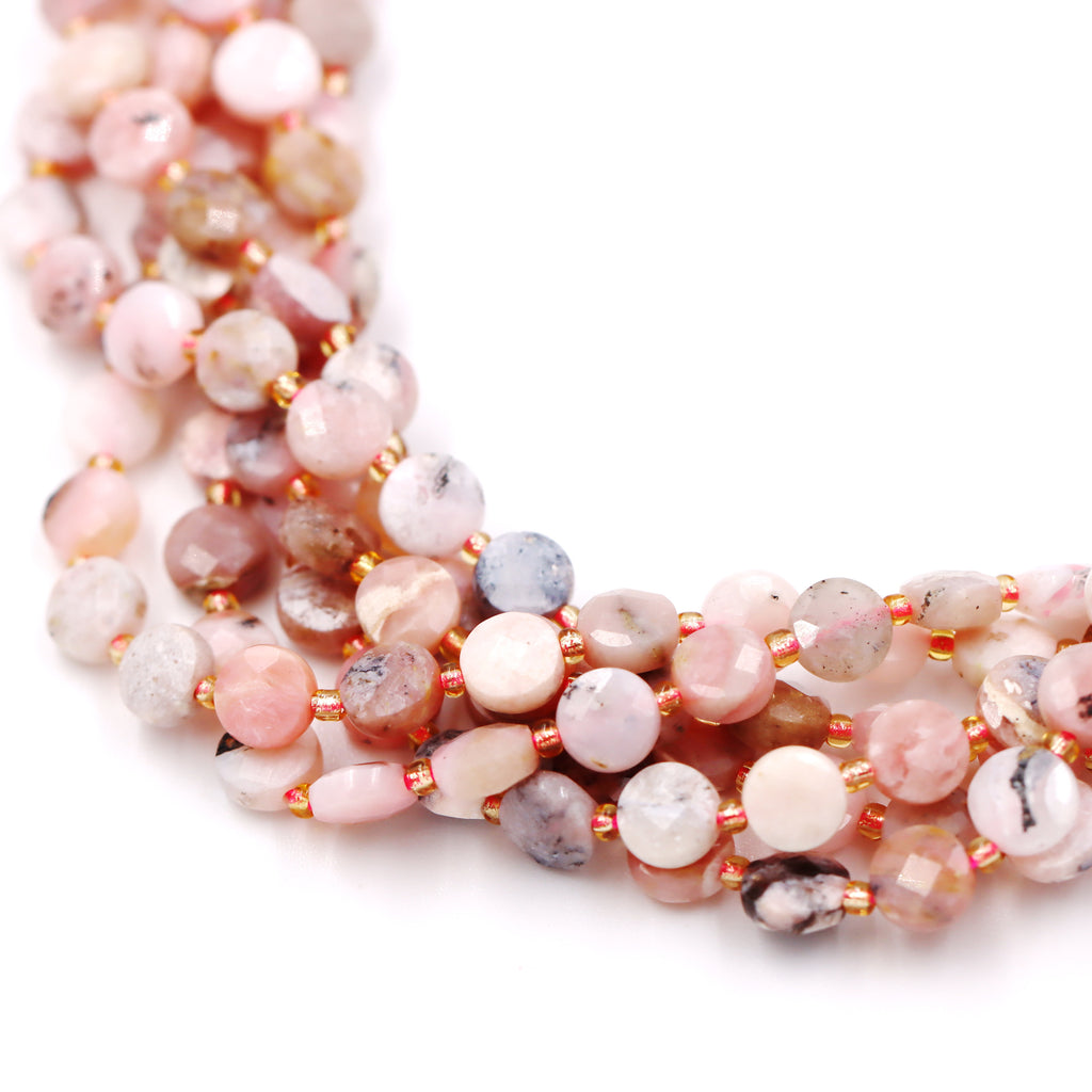 Malahill faceted flat round stone beads for jewelry making, sold per bag 5 strands inside, Pink Opal A beads