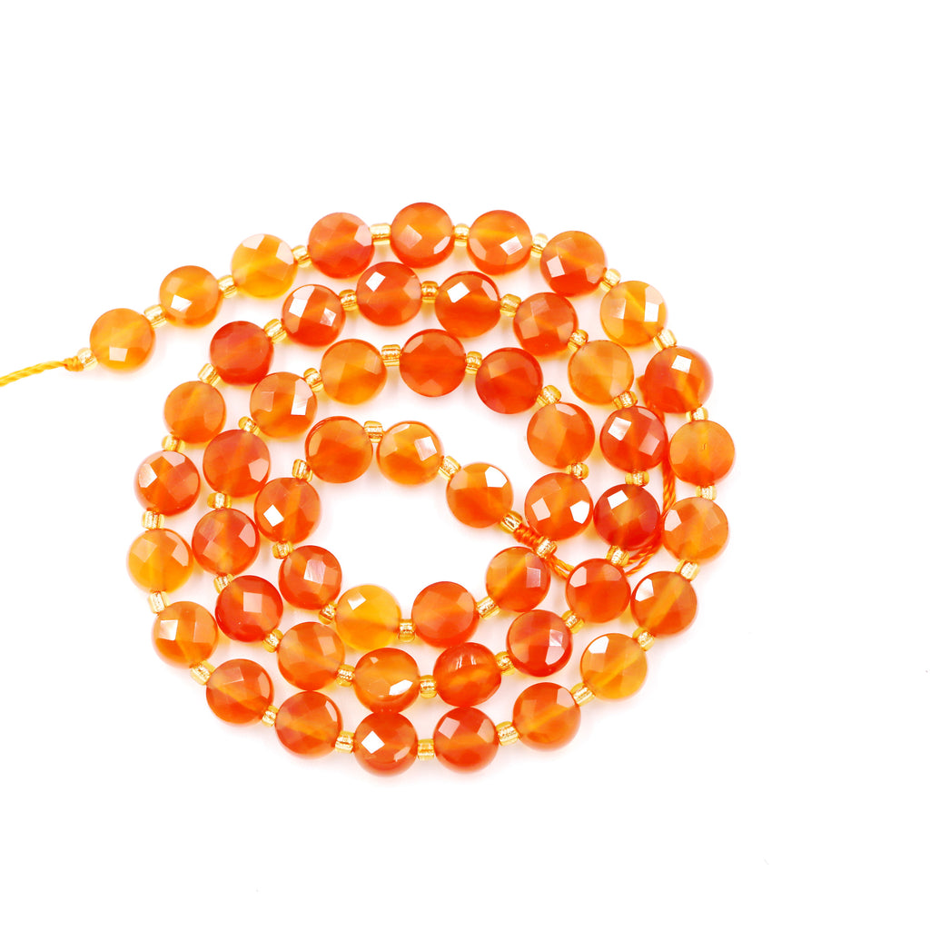 Malahill faceted flat round stone beads for jewelry making, sold per bag 5 strands inside, Orange Carnelian beads