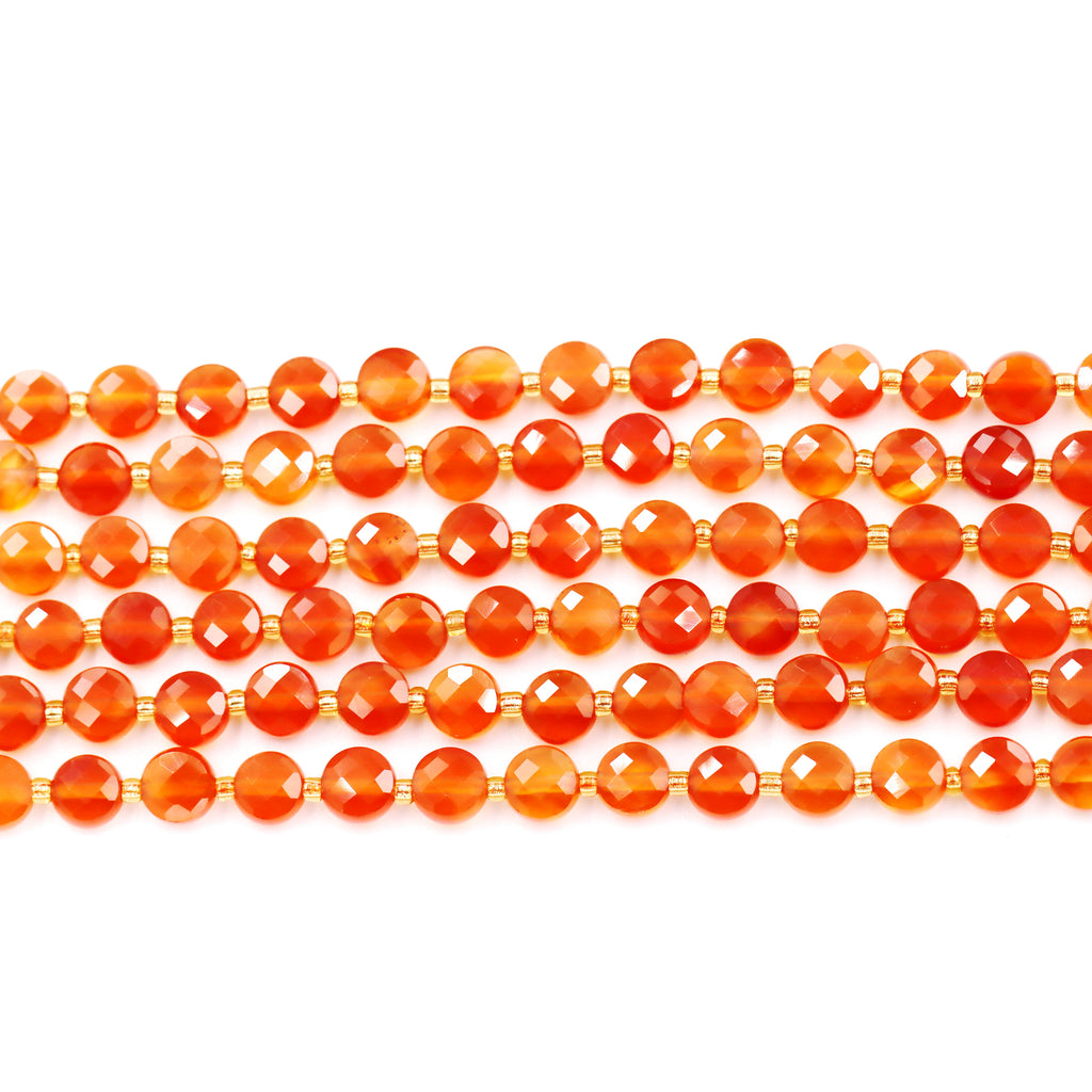 Malahill faceted flat round stone beads for jewelry making, sold per bag 5 strands inside, Orange Carnelian beads