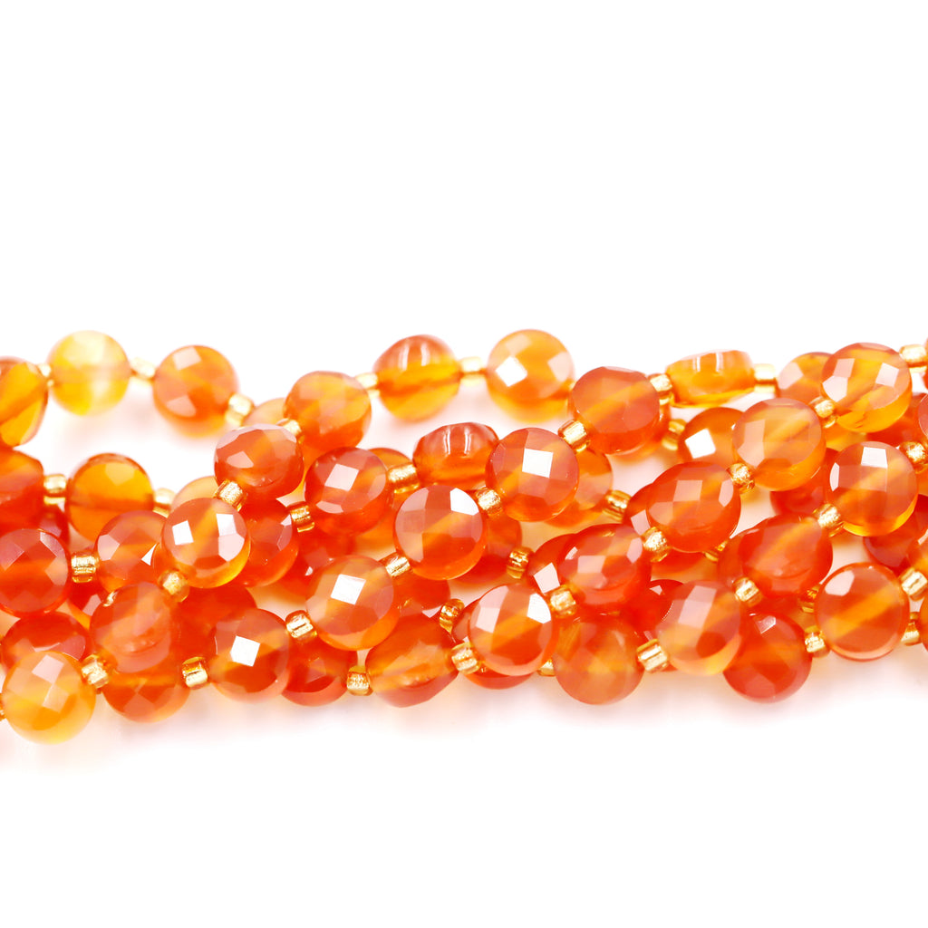 Malahill faceted flat round stone beads for jewelry making, sold per bag 5 strands inside, Orange Carnelian beads