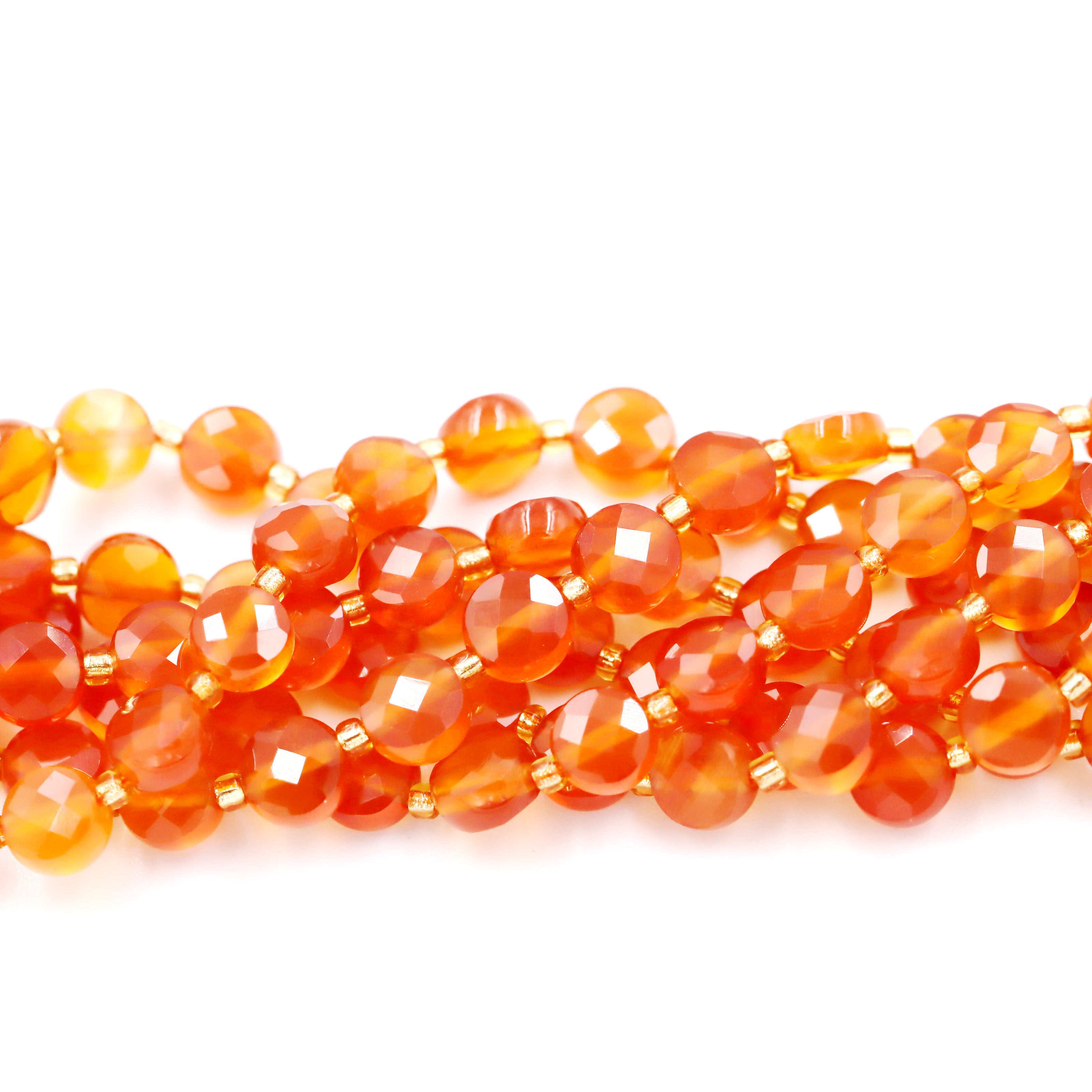 Malahill faceted flat round stone beads for jewelry making, sold per bag 5 strands inside, Orange Carnelian beads