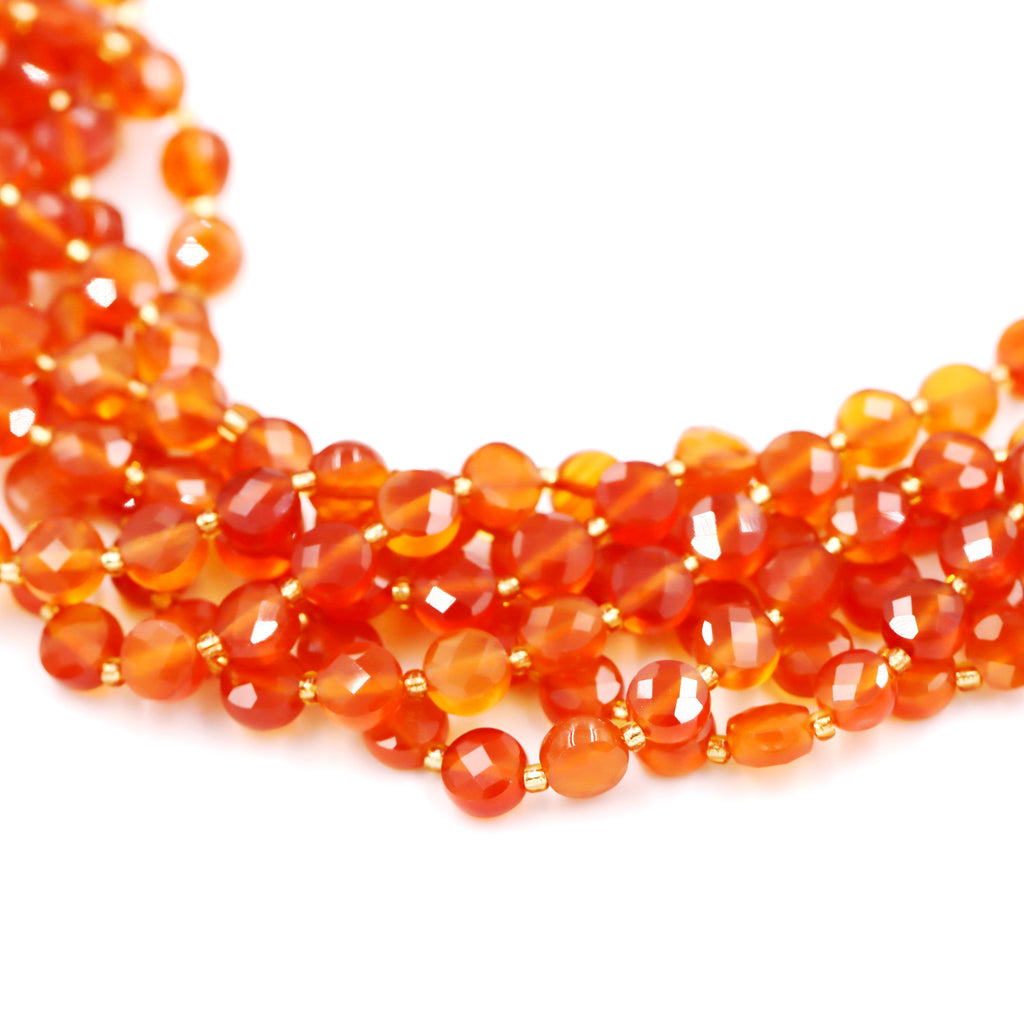 Malahill faceted flat round stone beads for jewelry making, sold per bag 5 strands inside, Orange Carnelian beads