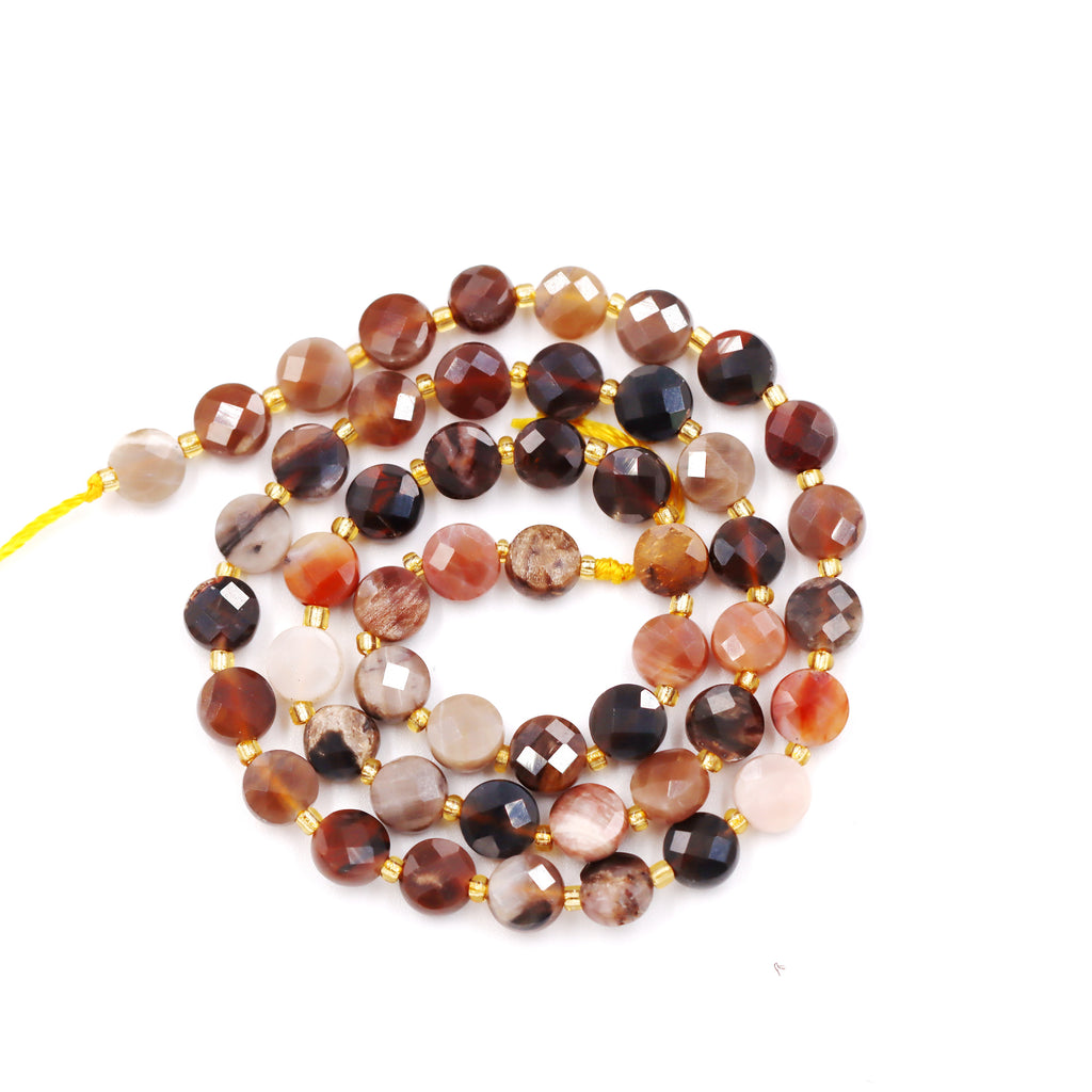Malahill faceted flat round stone beads for jewelry making, sold per bag 5 strands inside, Petrified Wood beads