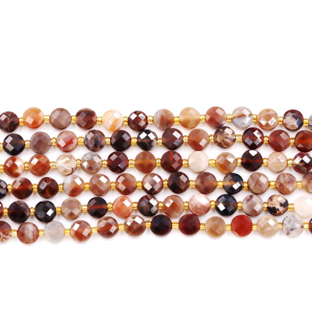 Malahill faceted flat round stone beads for jewelry making, sold per bag 5 strands inside, Petrified Wood beads